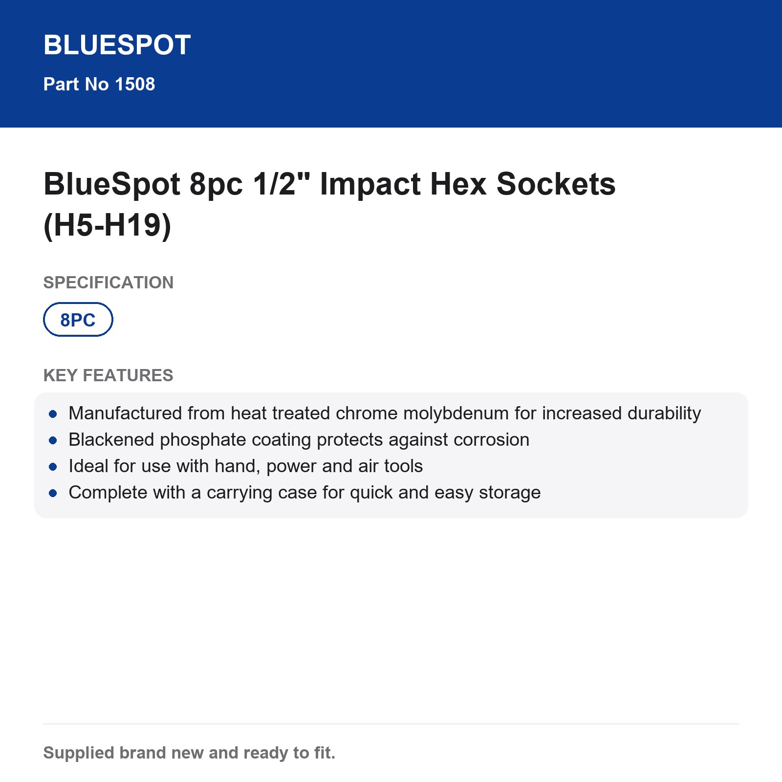 BlueSpot 8pc 1/2" Impact Hex Sockets H5-H19 Cr-Mo Corrosion Resist Case - Image 4