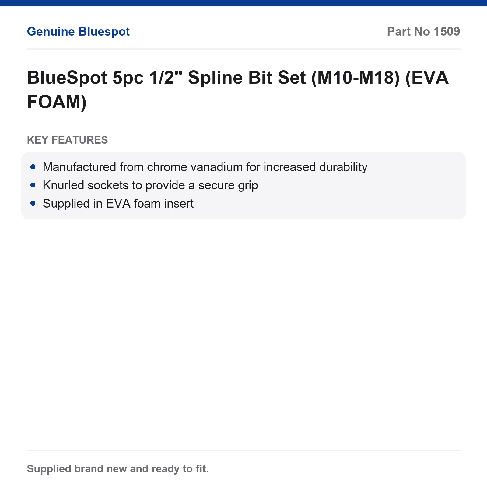 BlueSpot 5pc 1/2" Spline Bit Set (M10-M18) (EVA FOAM) - Image 4