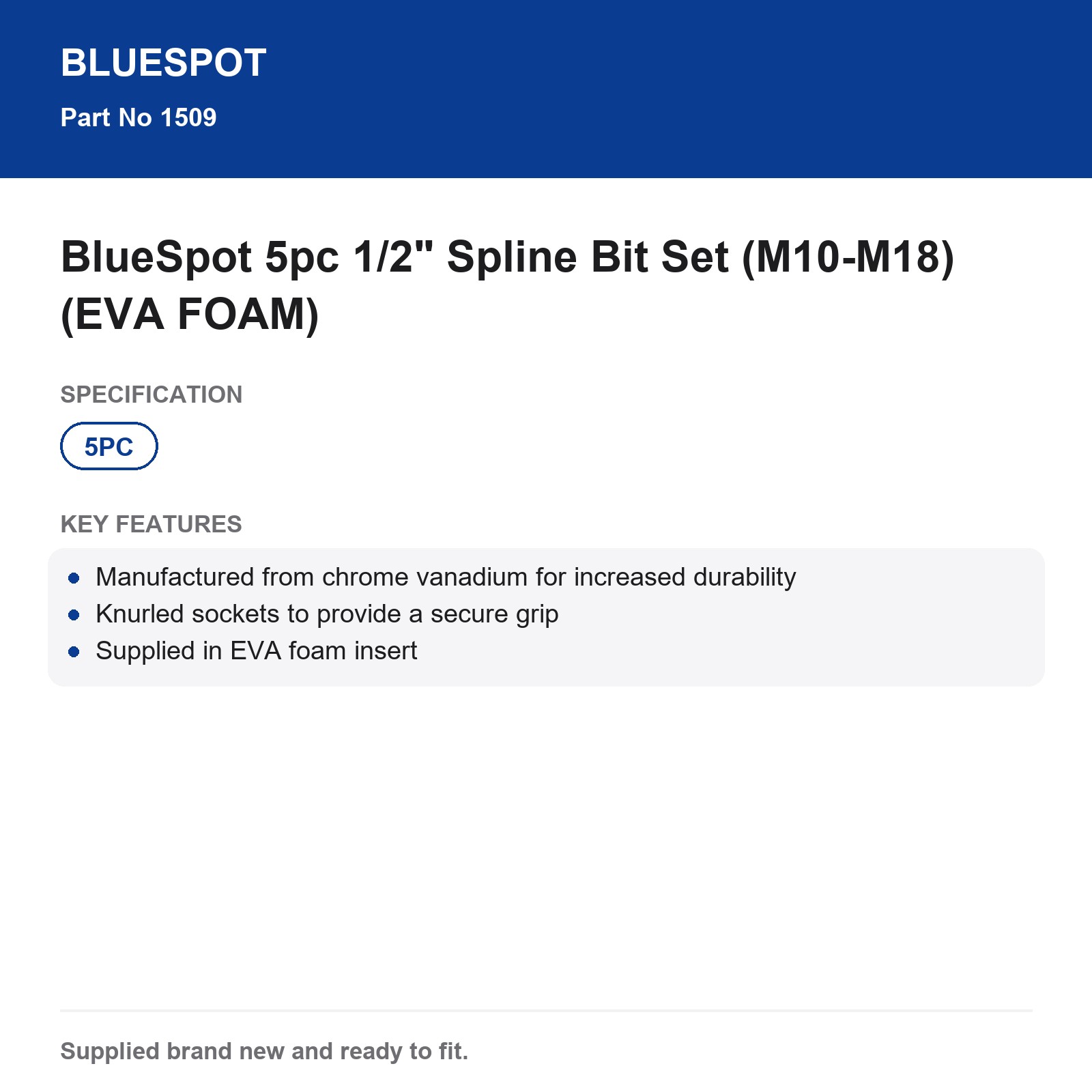BlueSpot 5pc 1/2" Spline Bit Set (M10-M18) (EVA FOAM) - Image 5