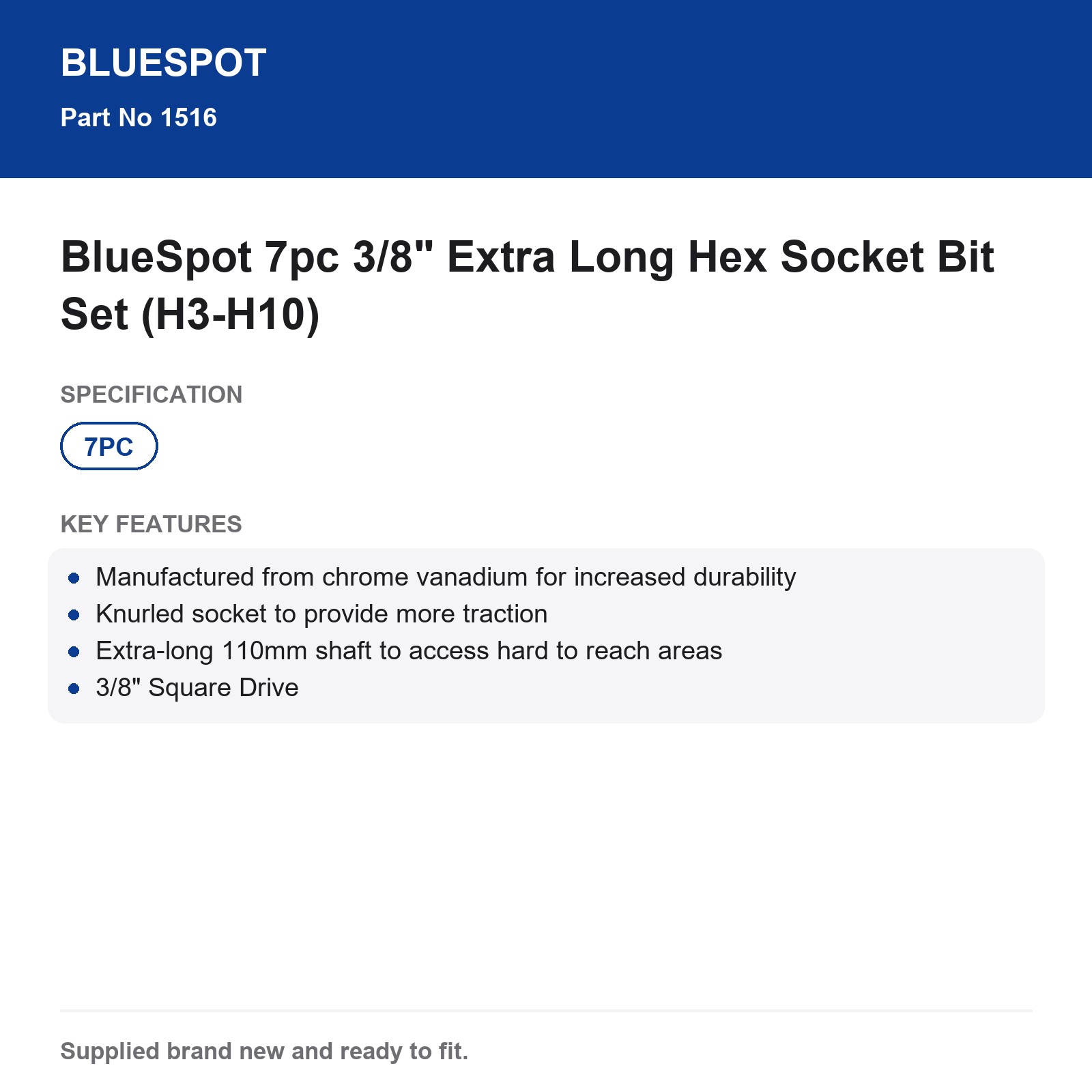 BlueSpot 7pc 3/8" Extra Long Hex Socket Bit Set (H3-H10) - Image 5