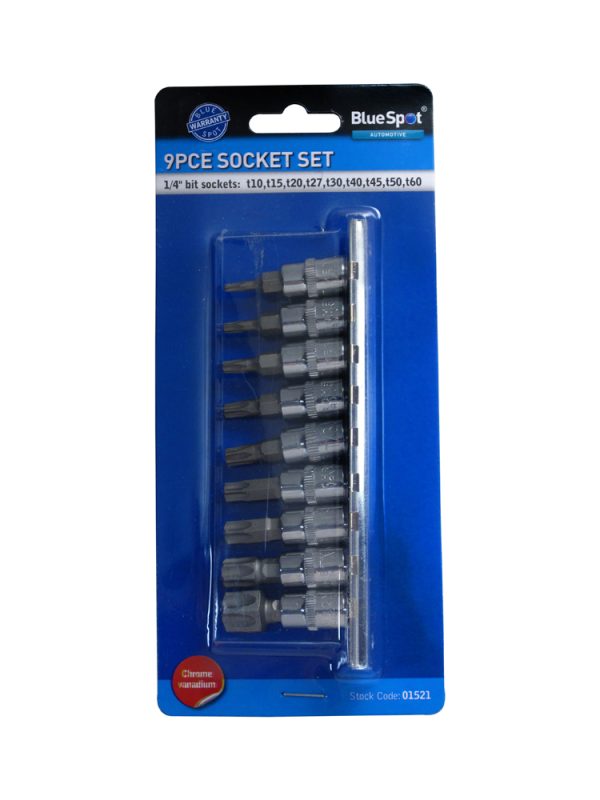 Blue Spot Tools 9pc 1/4″ Torx Bit Socket Set Chrome Vanadium Knurled Socket Rail