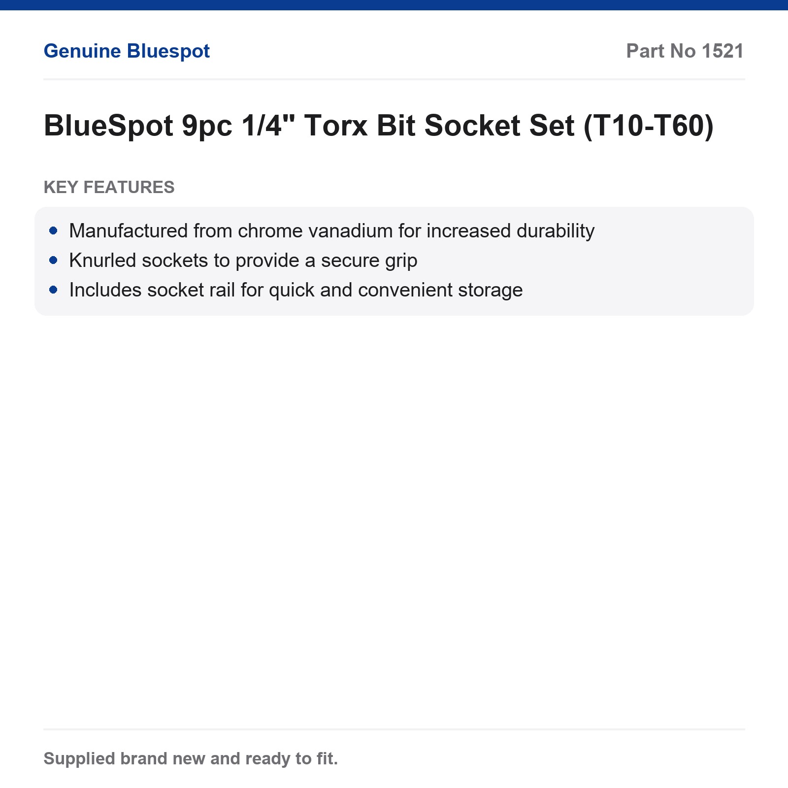 Blue Spot Tools 9pc 1/4" Torx Bit Socket Set Chrome Vanadium Knurled Socket Rail - Image 3