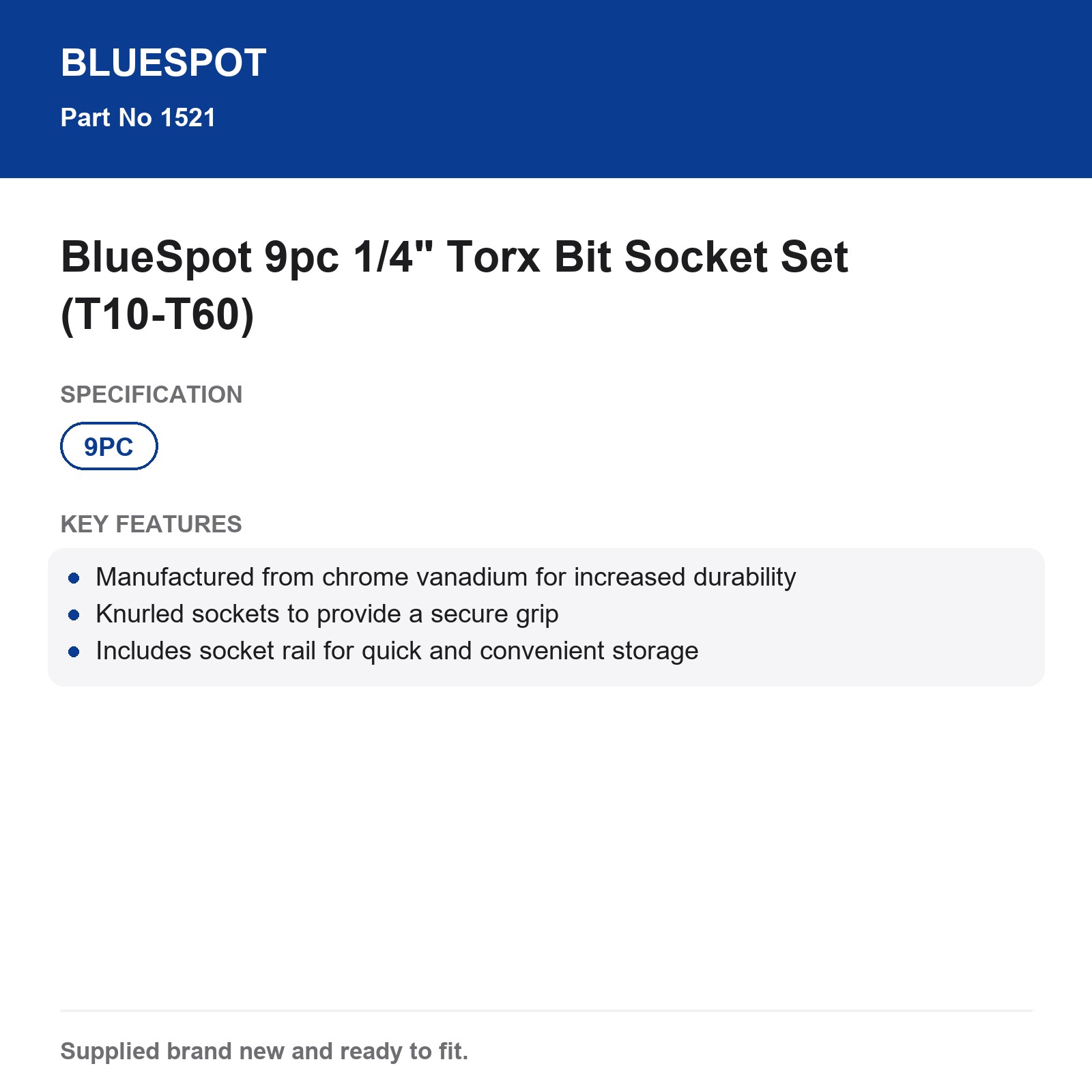 Blue Spot Tools 9pc 1/4" Torx Bit Socket Set Chrome Vanadium Knurled Socket Rail - Image 4