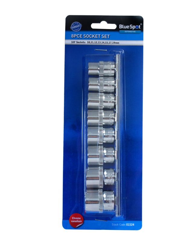BlueSpot 8pc 3/8″ Metric Socket Set 10-19mm Chrome Vanadium Knurled Sockets Rail