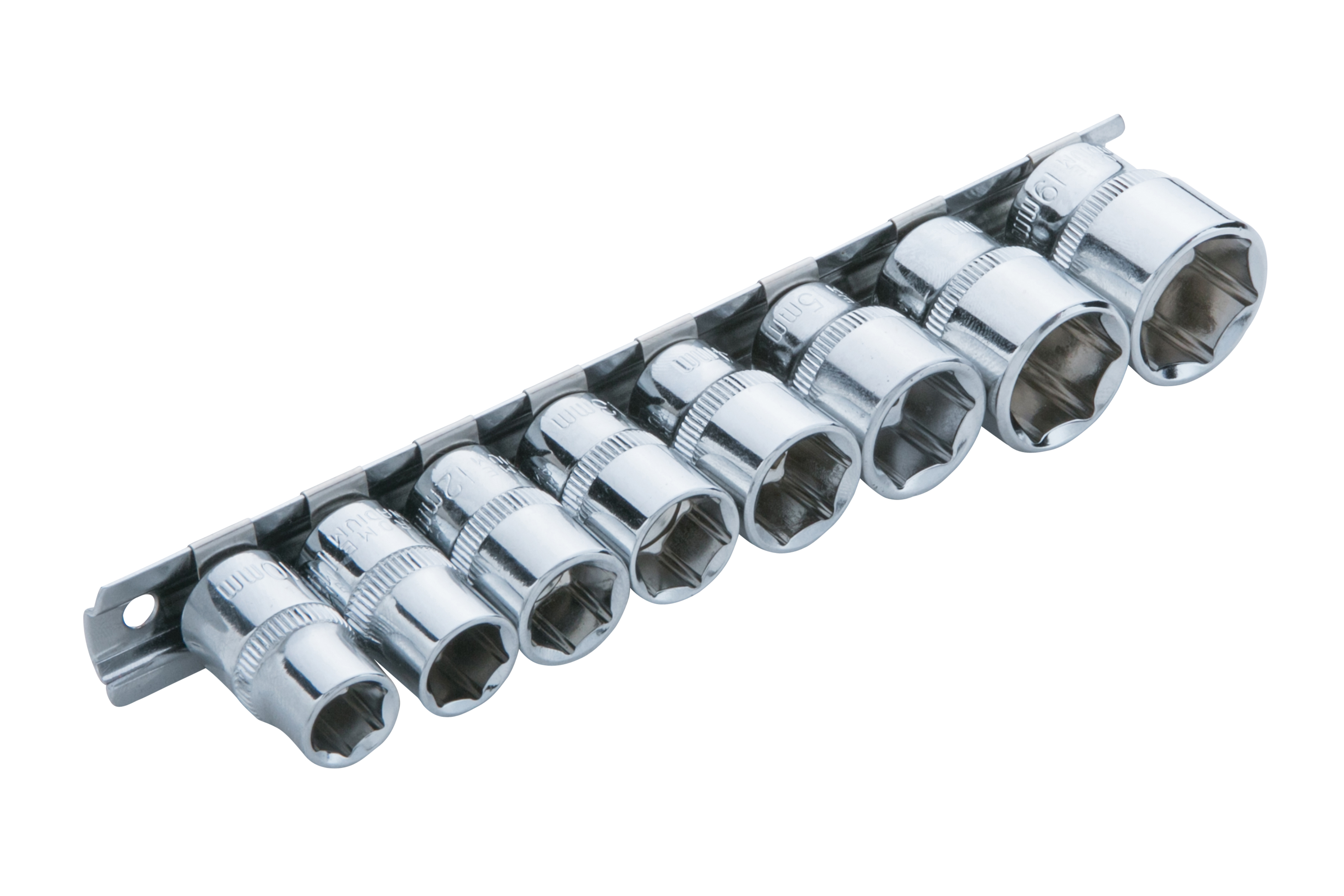 BlueSpot 8pc 3/8" Metric Socket Set 10-19mm Chrome Vanadium Knurled Sockets Rail - Image 2