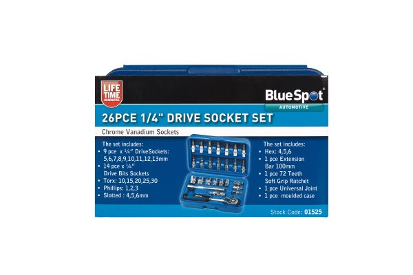 BlueSpot 26pc 1/4″ Metric Socket Set 5-13mm Chrome Vanadium 72T Ratchet Case
