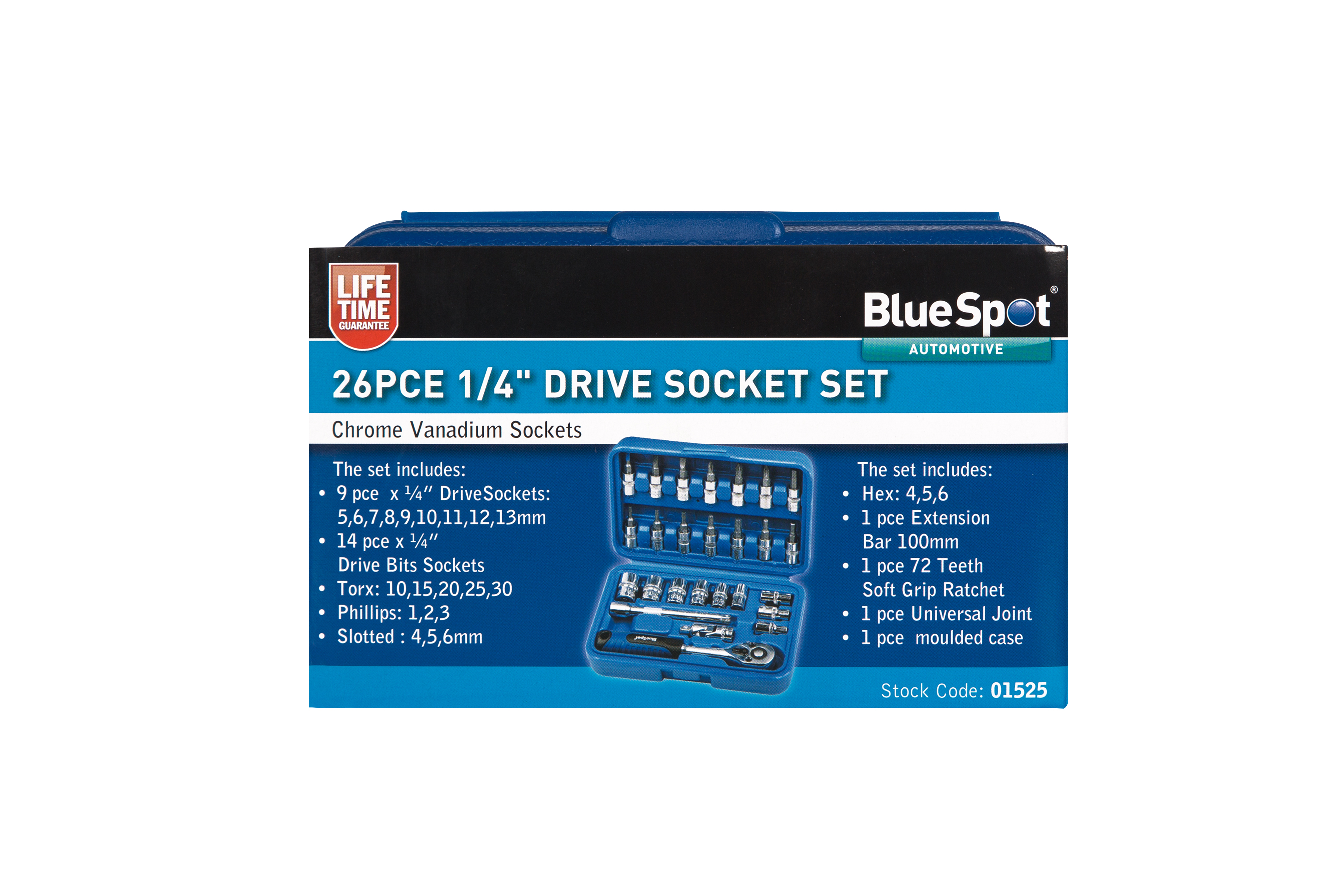 BlueSpot 26pc 1/4″ Metric Socket Set 5-13mm Chrome Vanadium 72T Ratchet Case