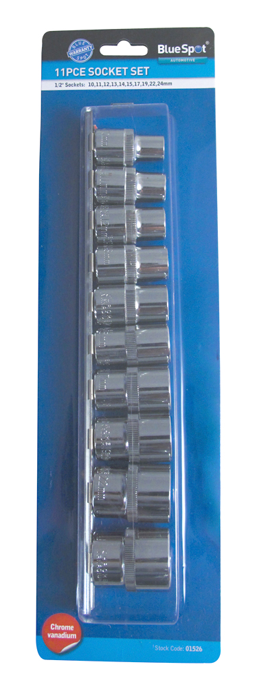BlueSpot 1/2″ Metric Socket Set 10pc Chrome Vanadium Knurled 10-24mm Rail