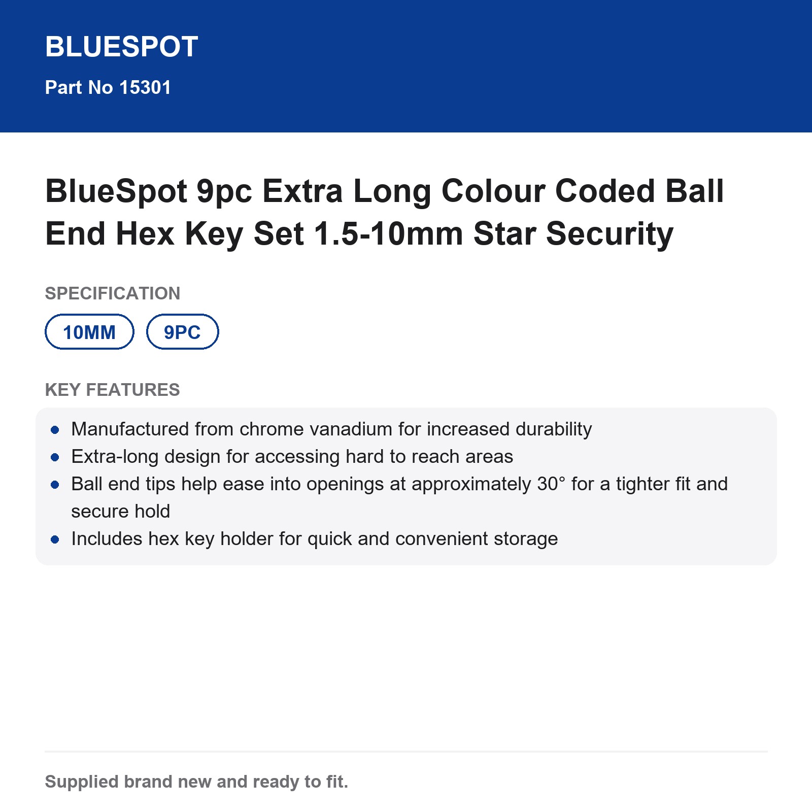 BlueSpot 9pc Extra Long Ball End Colour Coded Hex Key Set 1.5-10mm - Image 4