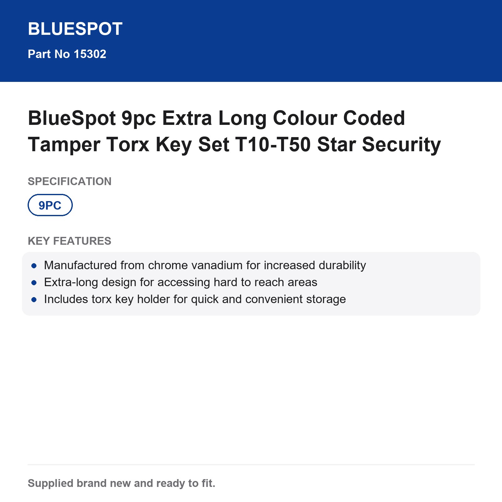 BlueSpot 9pc Extra Long Colour Coded Tamper Torx Key Set T10-T50 - Image 5