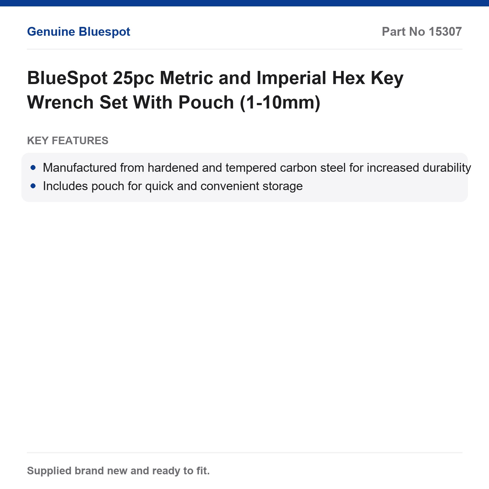 BlueSpot 25pc Metric and Imperial Hex Key Wrench Set With Pouch (1-10mm) - Image 3