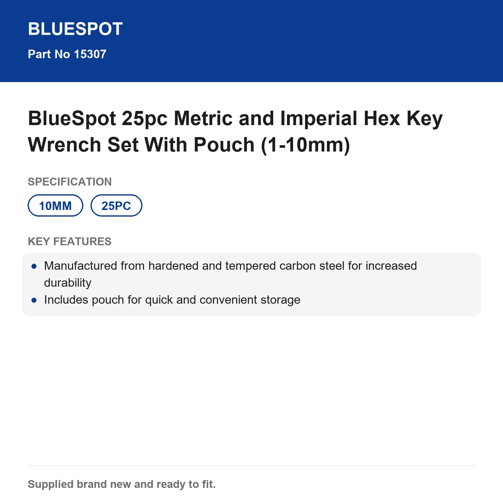 BlueSpot 25pc Metric and Imperial Hex Key Wrench Set With Pouch (1-10mm) - Image 4