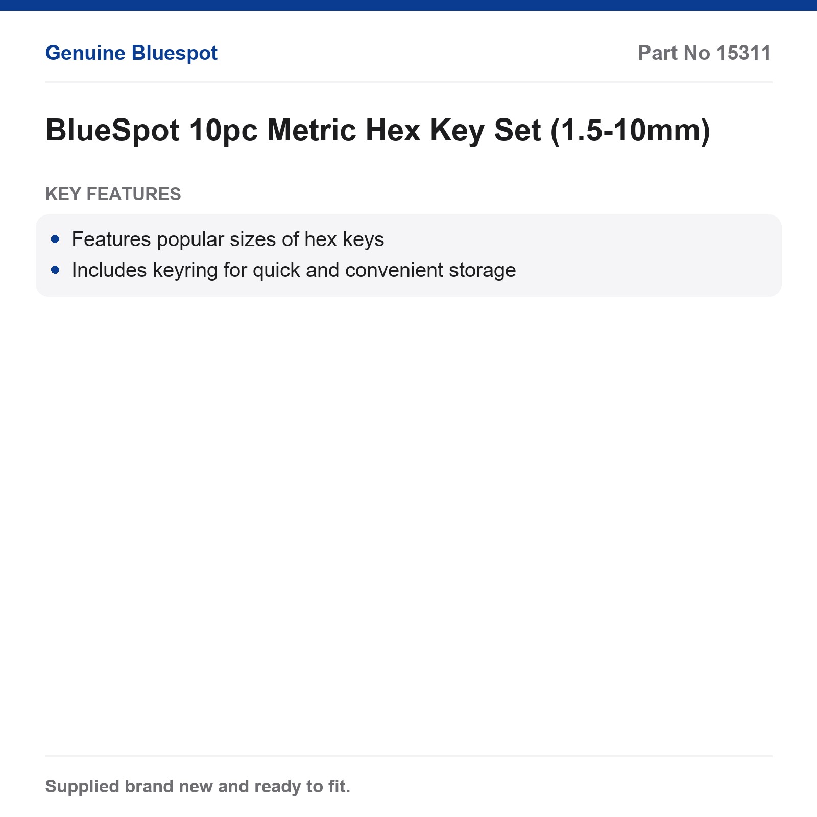 BlueSpot 10pc Metric Hex Key Set Keyring Storage - Image 3
