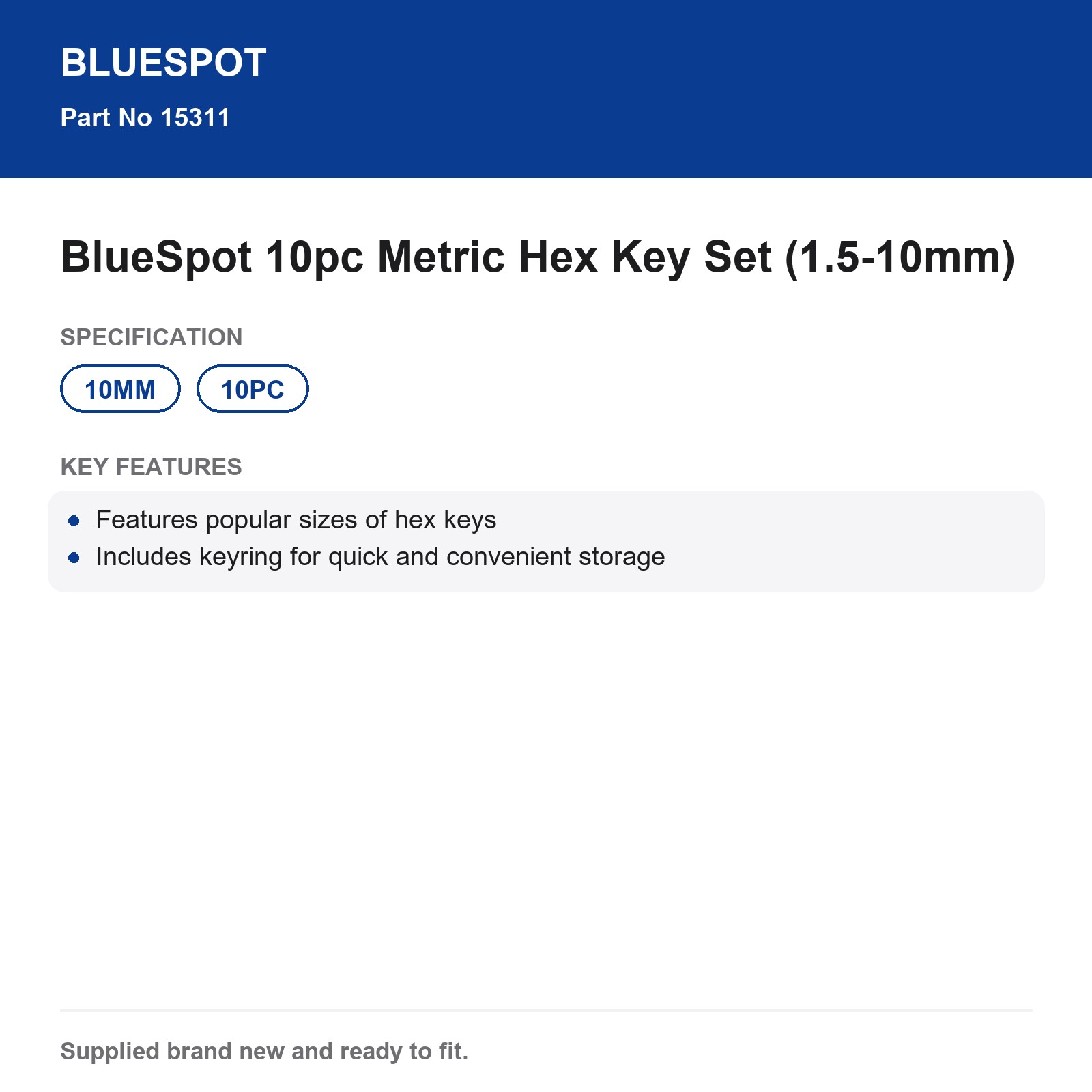 BlueSpot 10pc Metric Hex Key Set Keyring Storage - Image 4