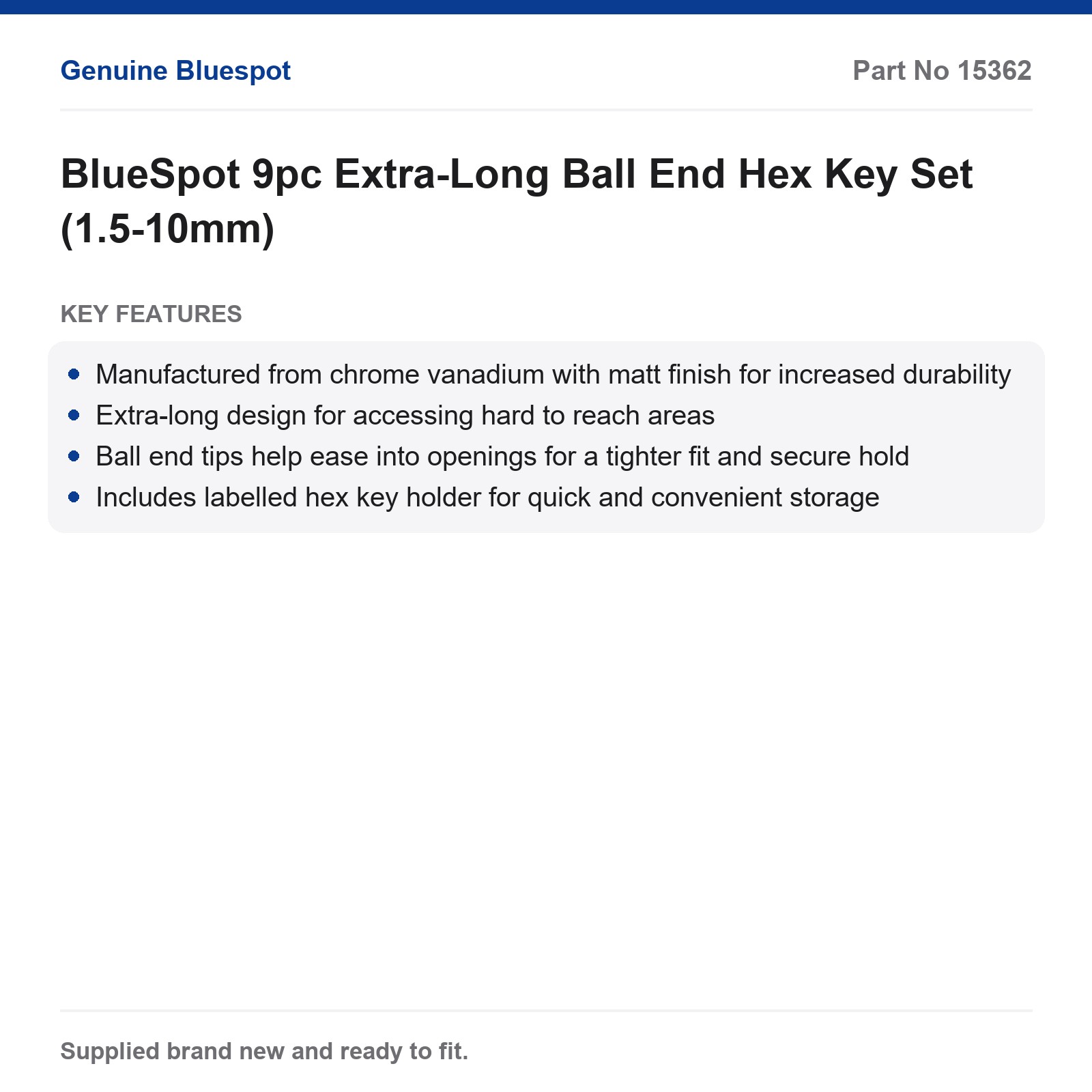 BlueSpot 9pc Extra-Long Ball End Hex Key Set (1.5-10mm) - Image 3