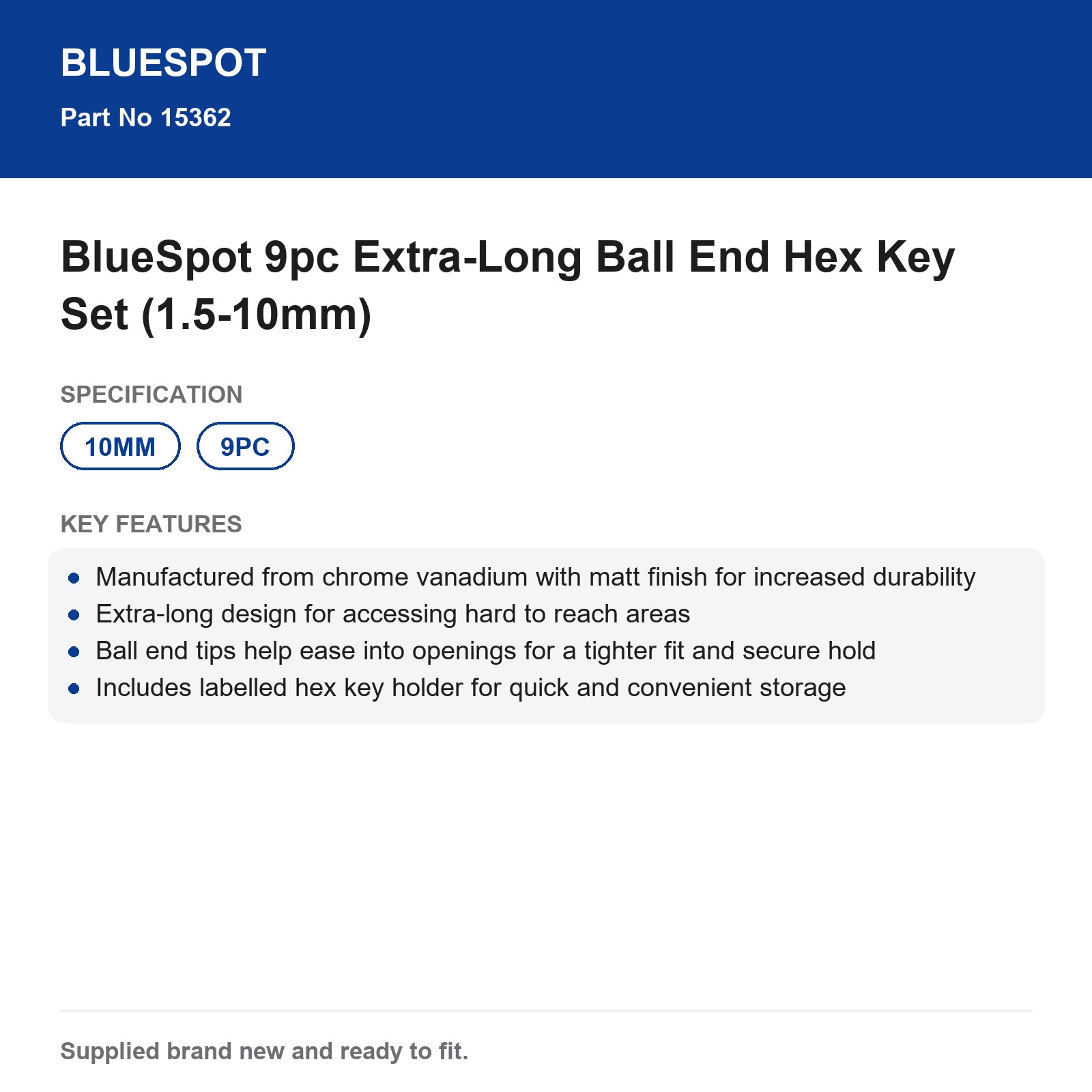 BlueSpot 9pc Extra-Long Ball End Hex Key Set (1.5-10mm) - Image 4