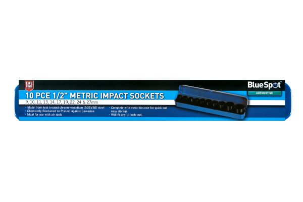 BlueSpot 10pc 1/2″ Metric Shallow Impact Sockets (9-27mm)