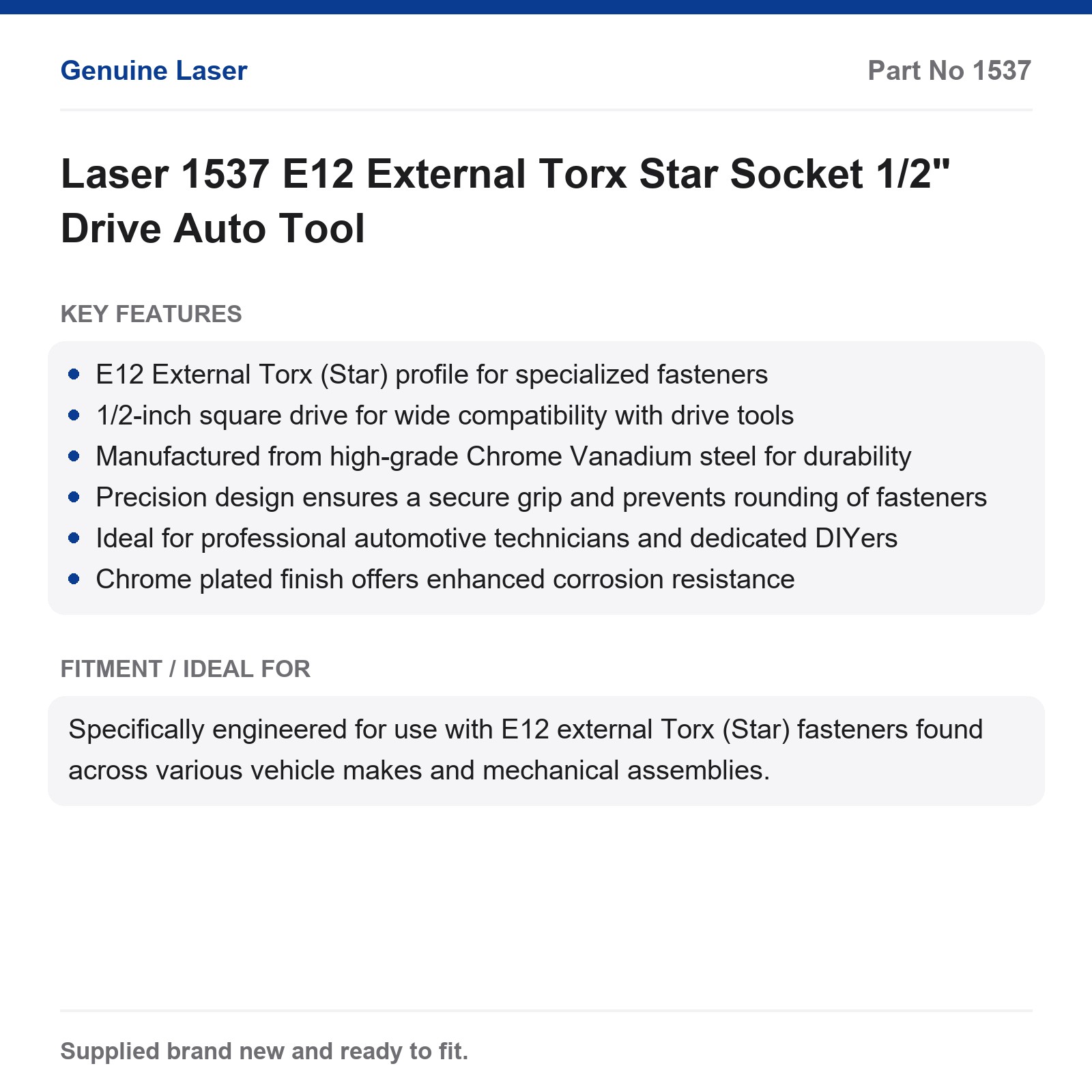 E12 External Torx Star Socket 1/2" Drive Laser 1537 Auto Tool - Image 2