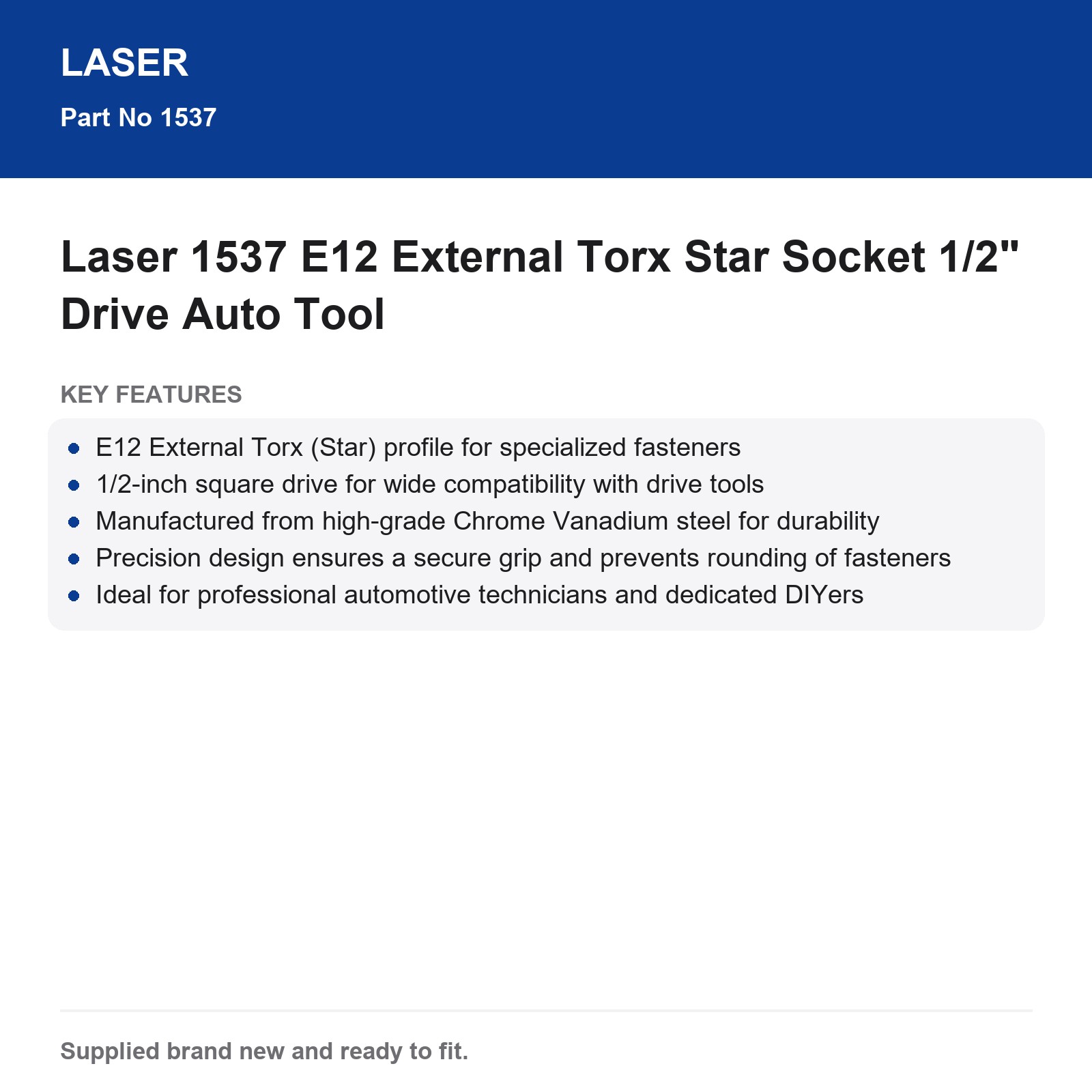 E12 External Torx Star Socket 1/2" Drive Laser 1537 Auto Tool - Image 3
