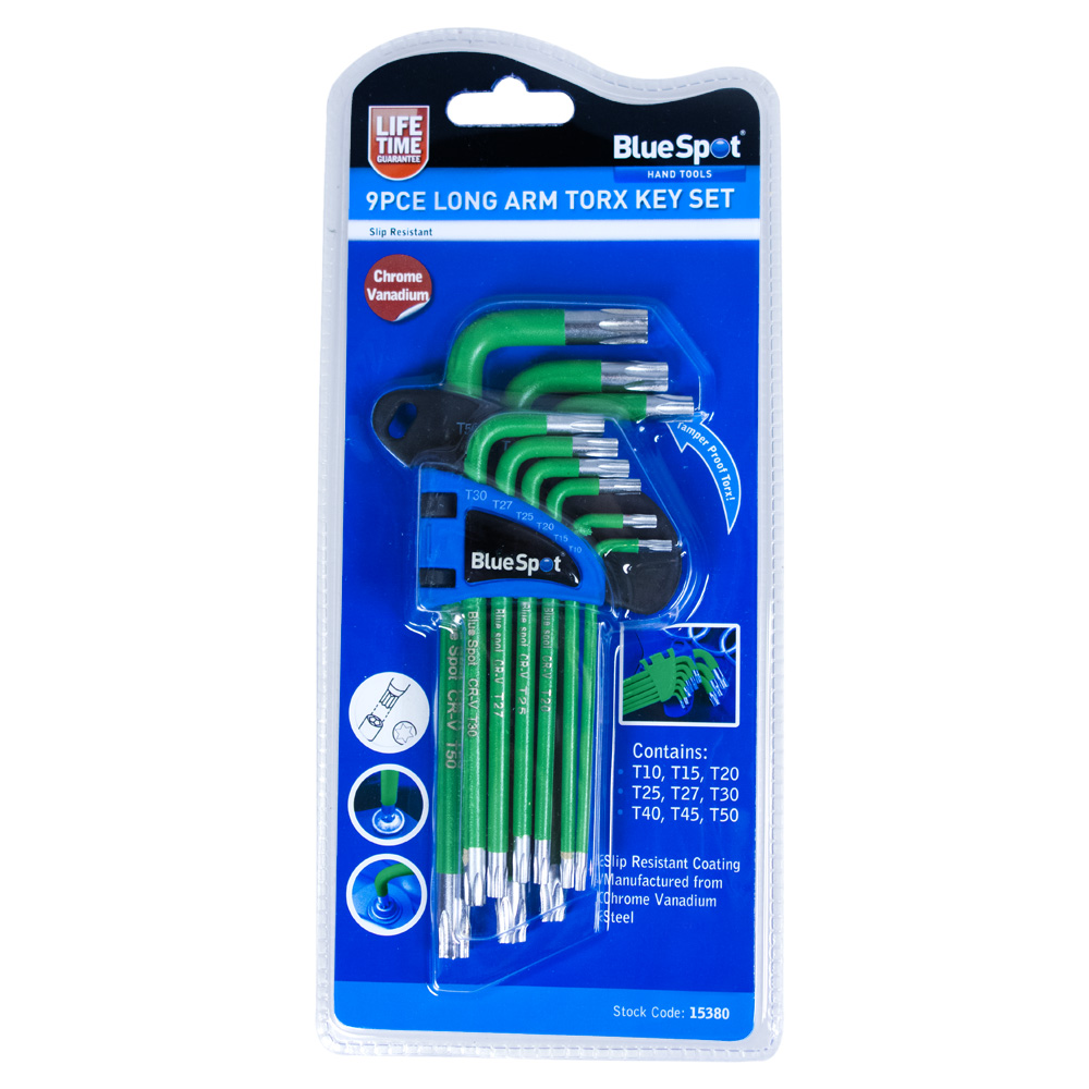 BlueSpot 9pc Long Arm Tamper Proof Torx Key Set T10-T50 Security Hex Wrench
