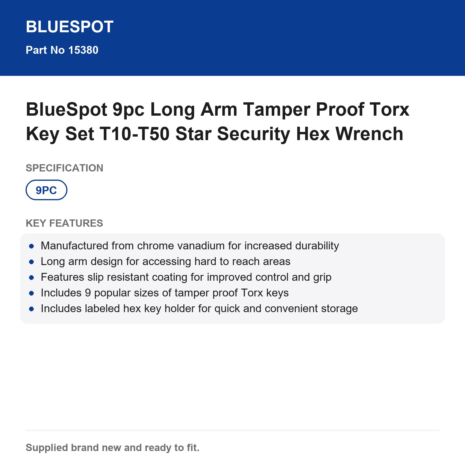 BlueSpot 9pc Long Arm Tamper Proof Torx Key Set T10-T50 Security Hex Wrench - Image 5