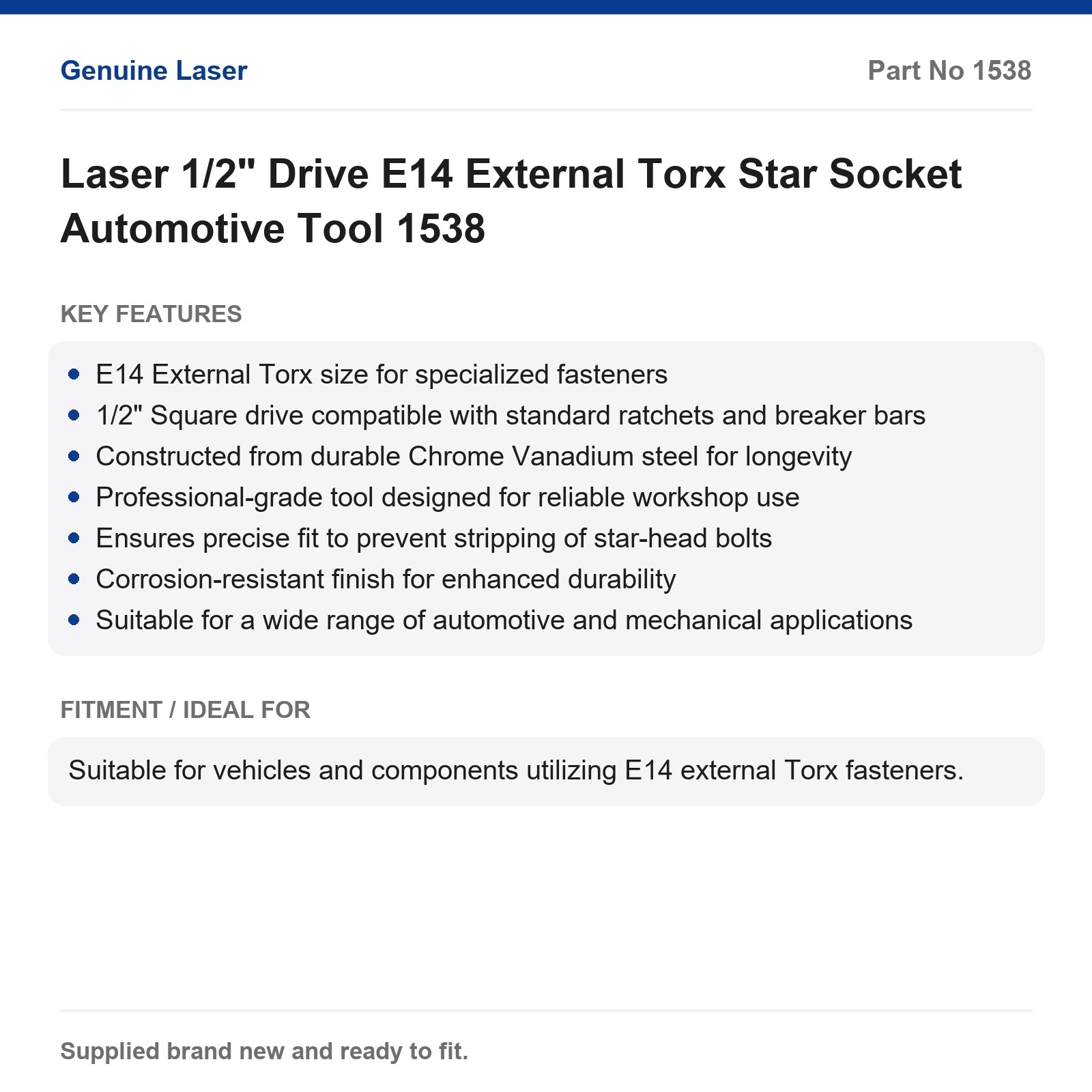 E14 External Torx Star Socket 1/2" Drive Laser 1538 - Image 2