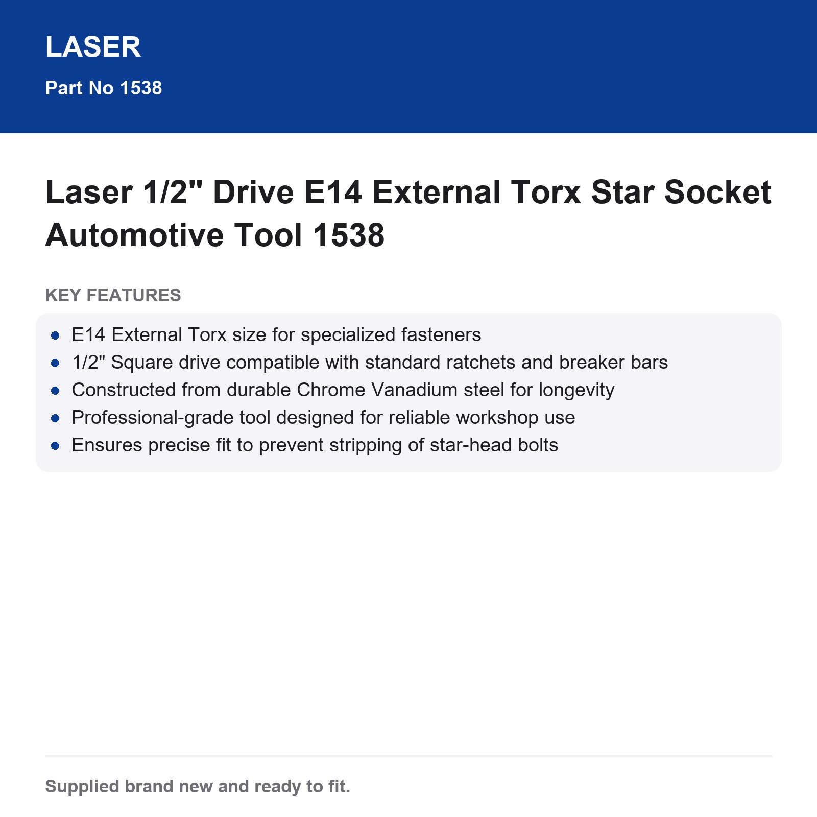 E14 External Torx Star Socket 1/2" Drive Laser 1538 - Image 3