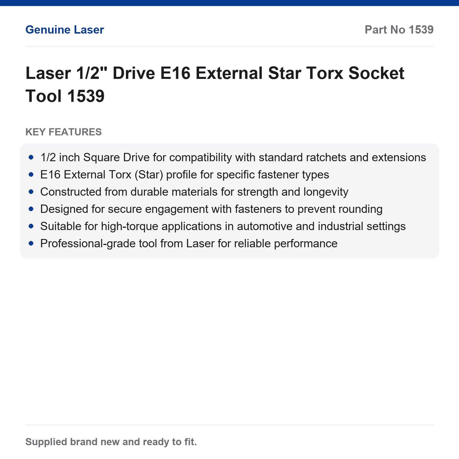 Laser 1539 1/2" Drive E16 External Torx Star Socket - Image 2
