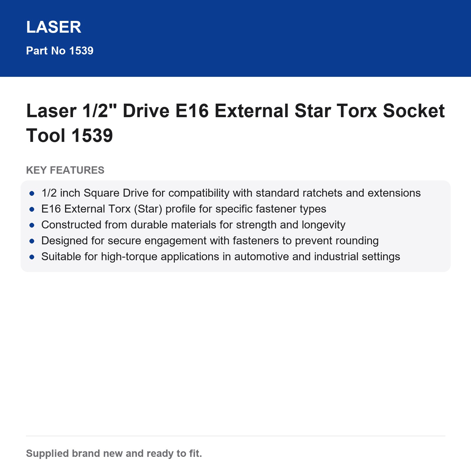 Laser 1539 1/2" Drive E16 External Torx Star Socket - Image 3