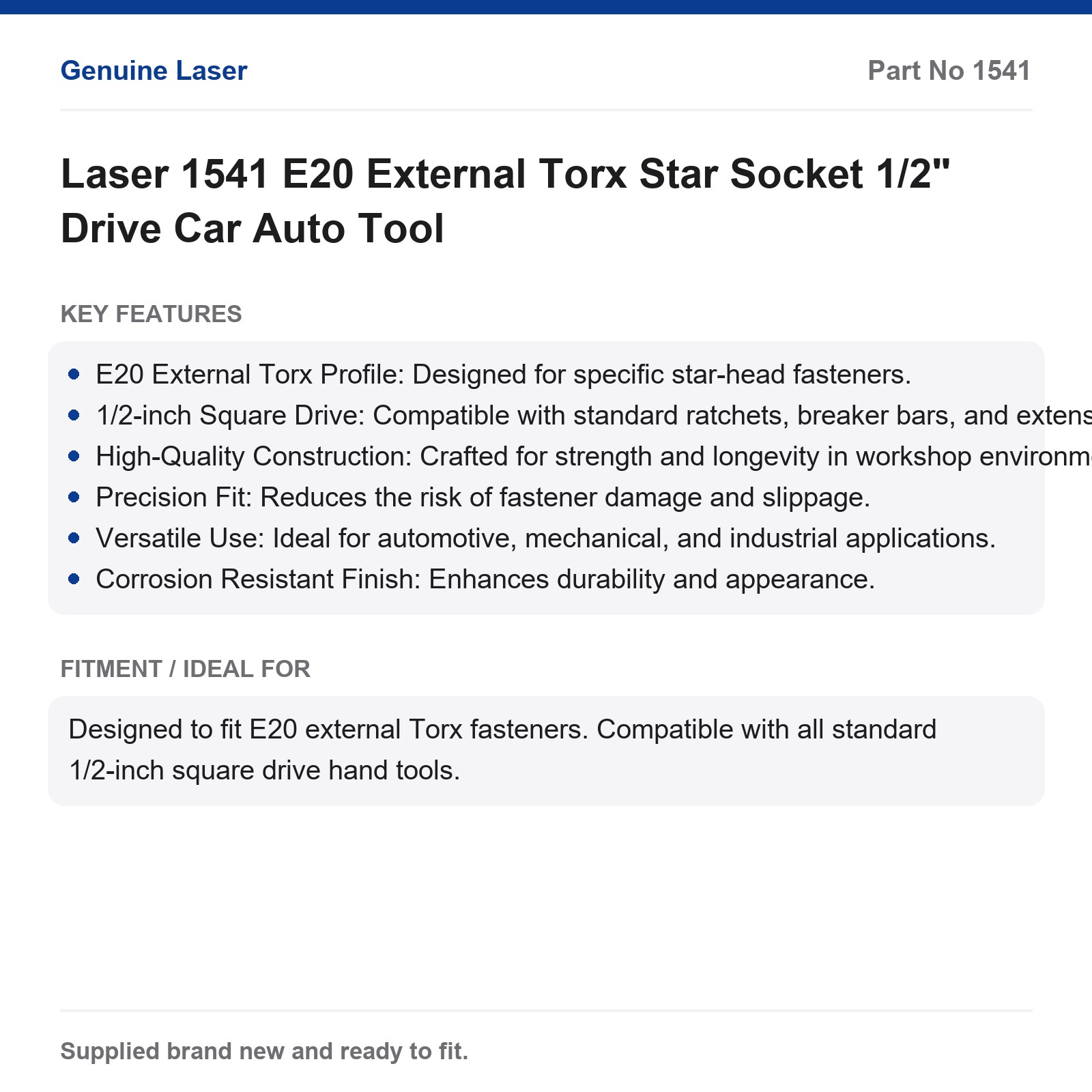 Laser 1541 E20 External Torx Socket 1/2" Drive Automotive Tool - Image 2