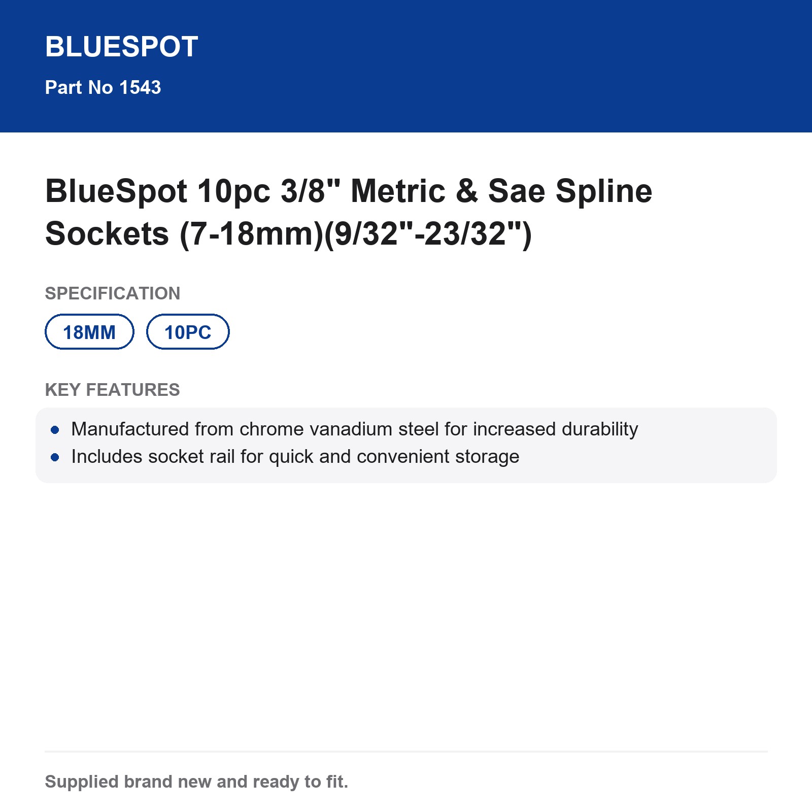 BlueSpot 10pc 3/8" Spline Sockets Metric SAE 7-18mm 9/32-23/32" - Image 4