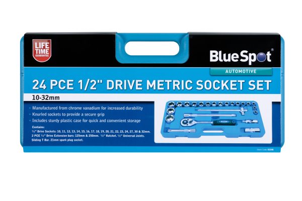 BlueSpot 24pc 1/2″ Metric CrV Socket Set 10-32mm Knurled Plastic Case U-Joint