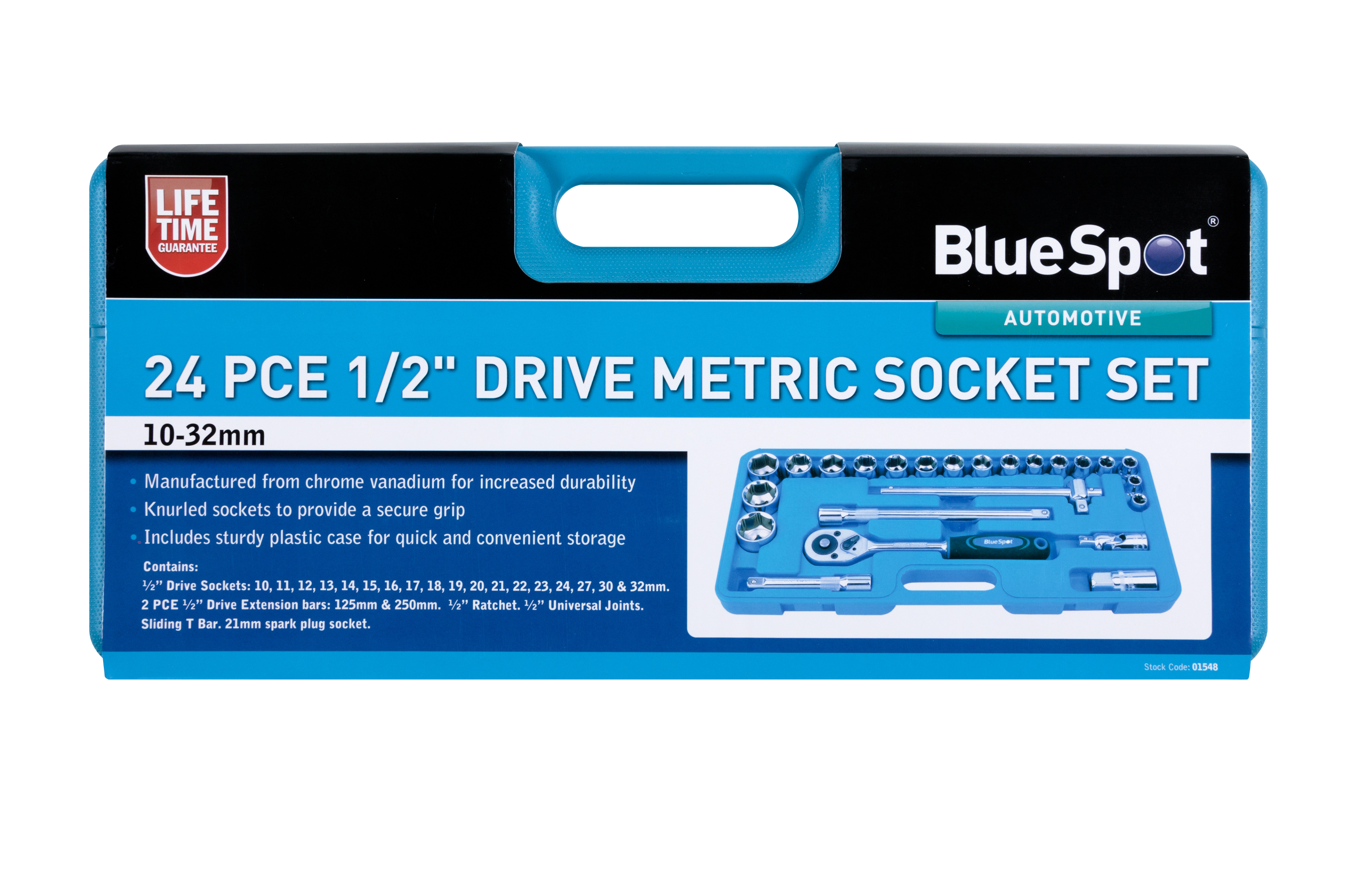 BlueSpot 24pc 1/2″ Metric CrV Socket Set 10-32mm Knurled Plastic Case U-Joint