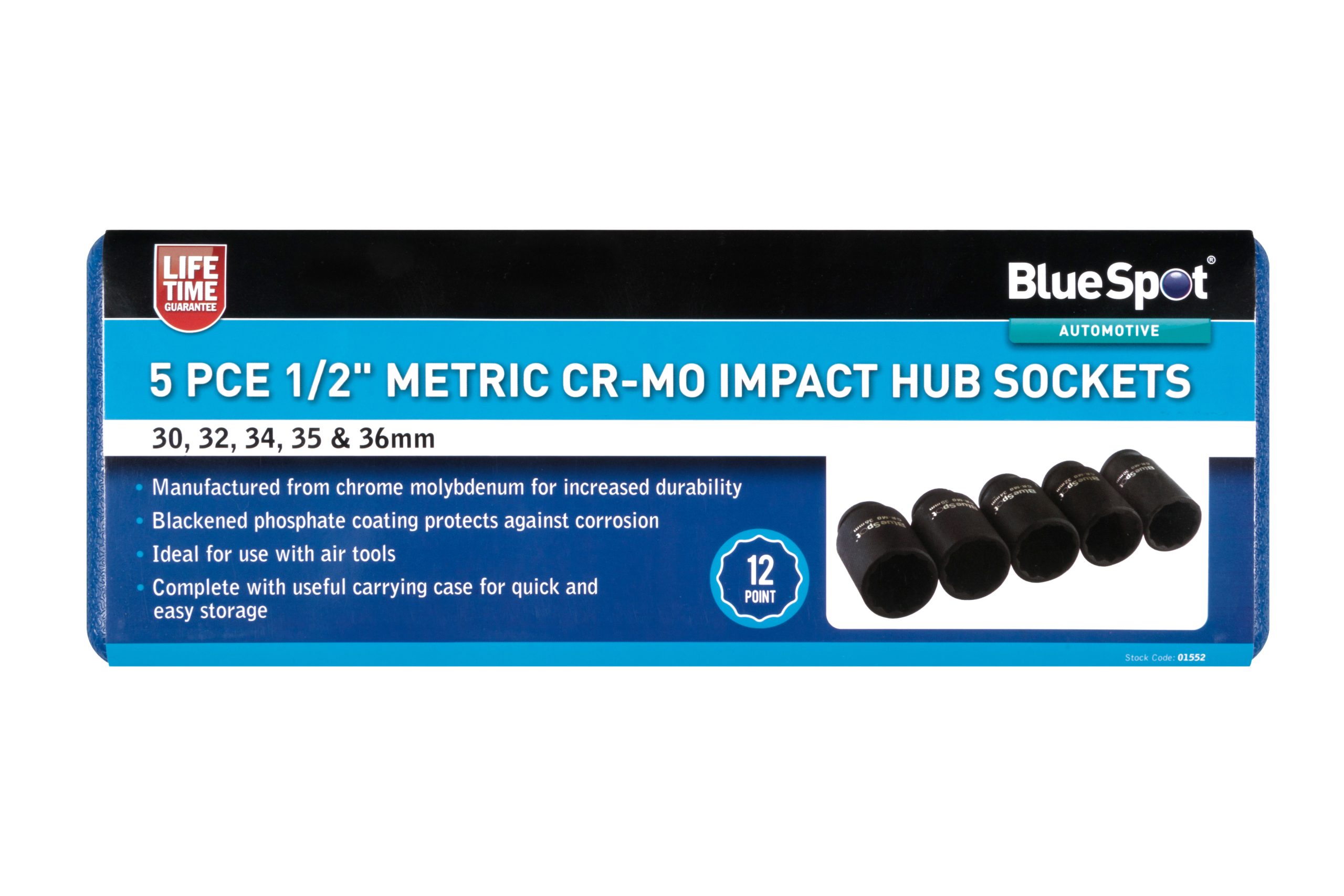 BlueSpot 5pc 1/2″ Metric Cr-Mo Impact Hub Sockets (30-36mm)