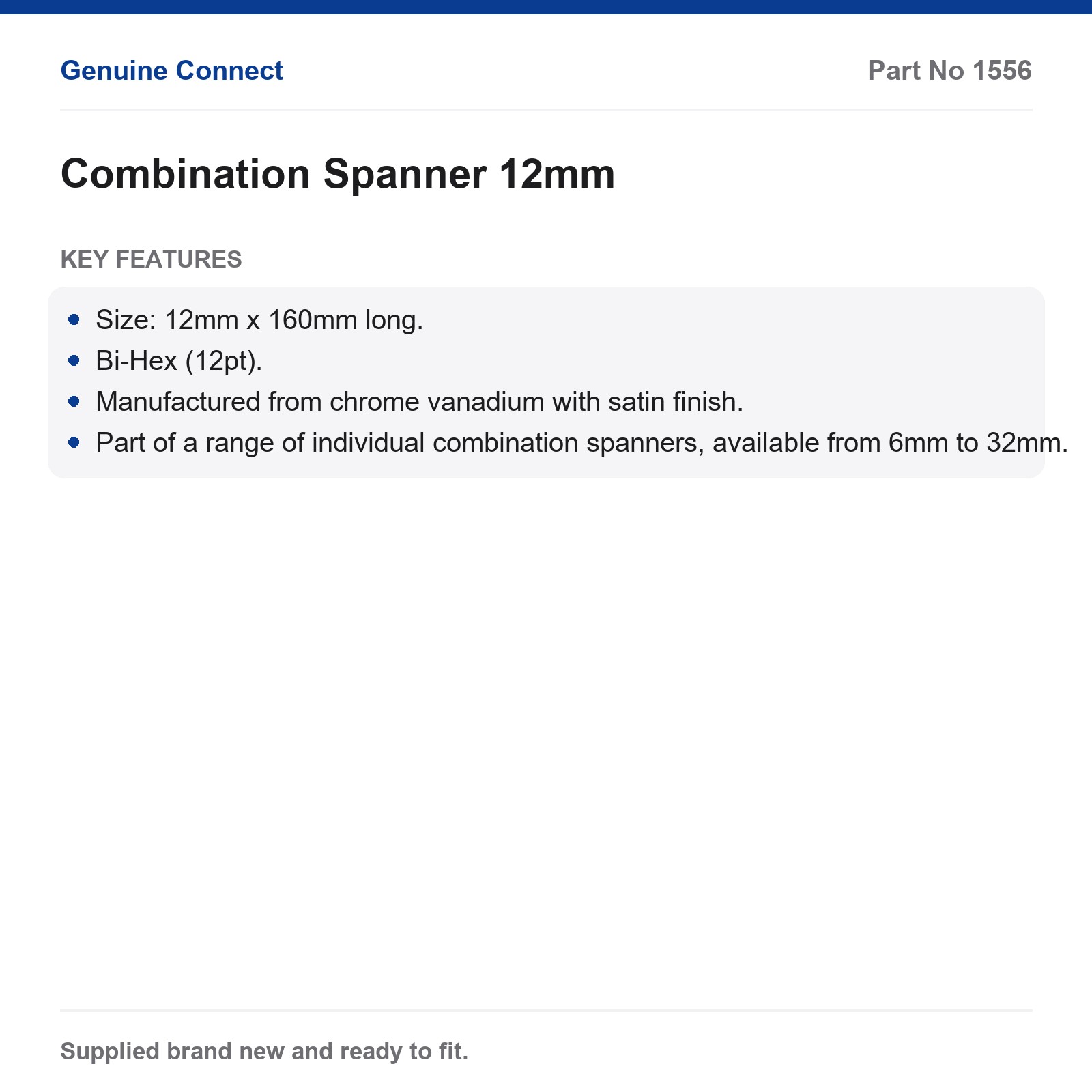 Laser 12mm Combination Spanner Bi-Hex Chrome Vanadium 160mm Satin - Image 2