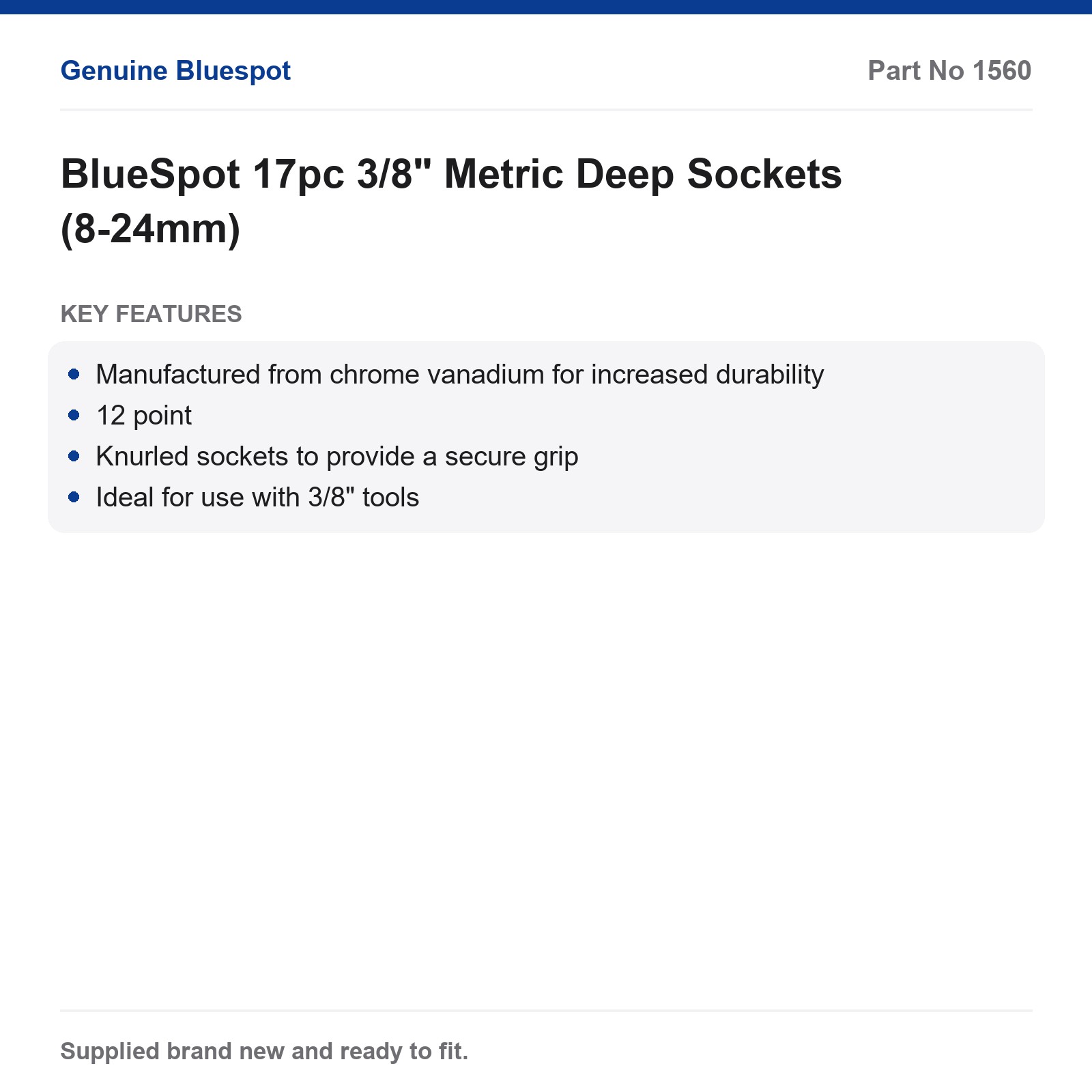 BlueSpot 17pc 3/8" Metric Deep Sockets 8-24mm Chrome Vanadium 12pt Knurled - Image 3