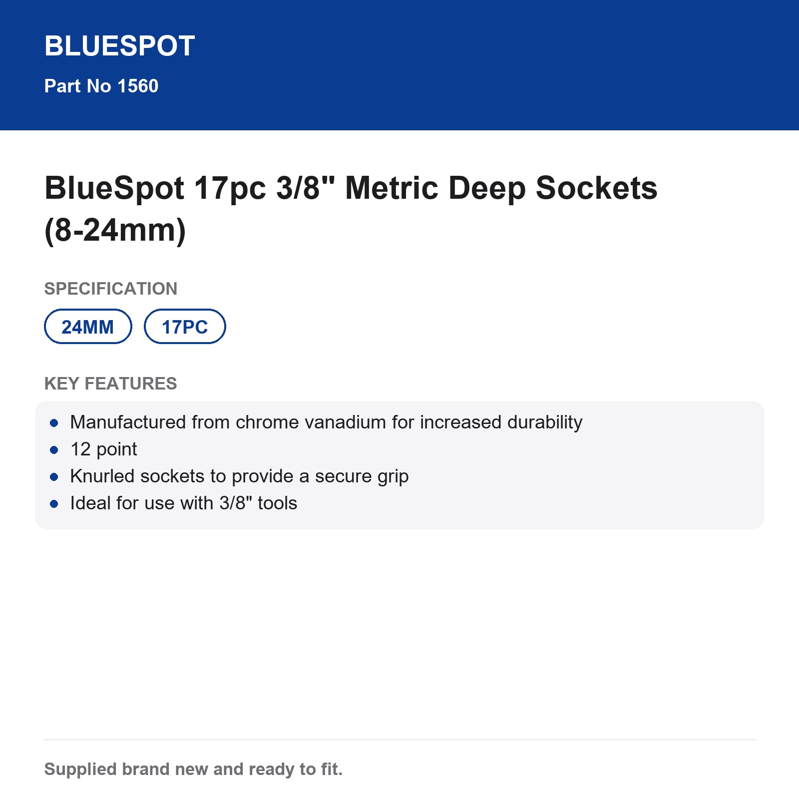 BlueSpot 17pc 3/8" Metric Deep Sockets 8-24mm Chrome Vanadium 12pt Knurled - Image 4