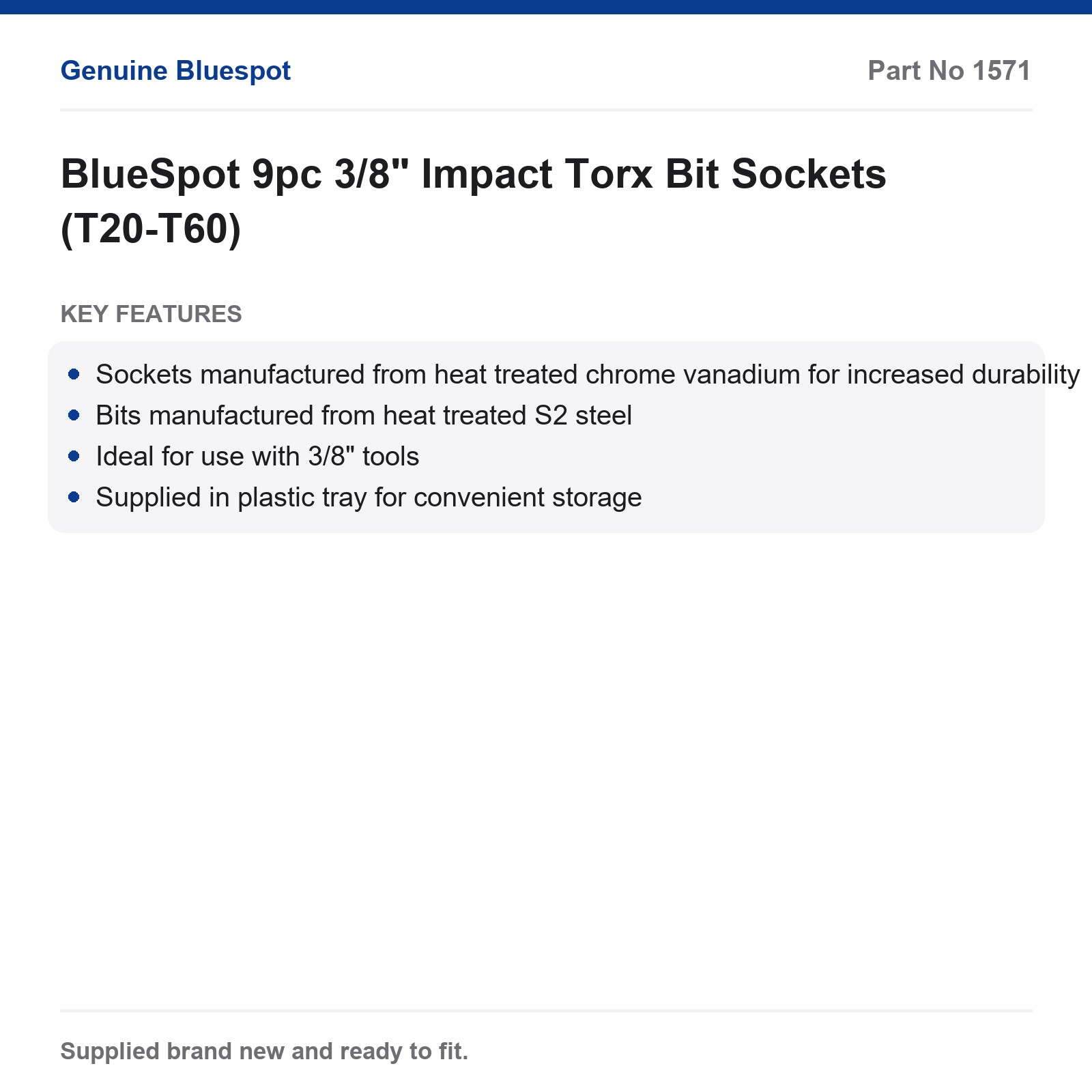 BlueSpot Impact Torx Bit Sockets 9pc 3/8" (T20-T60) - Image 4