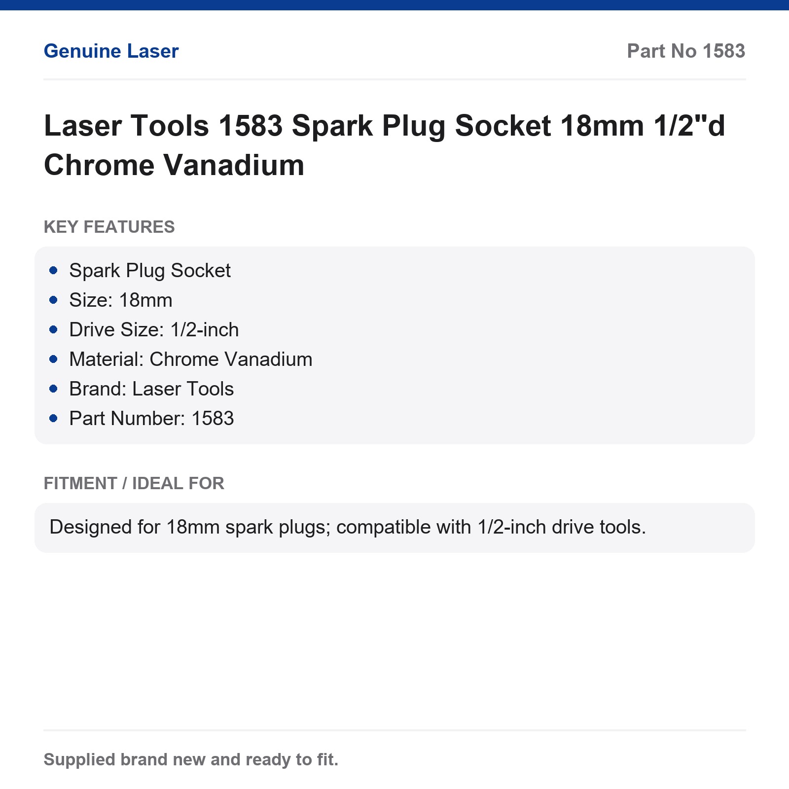 Spark Plug Socket 18mm 1/2"d Laser Tools 1583 Chrome Vanadium - Image 6