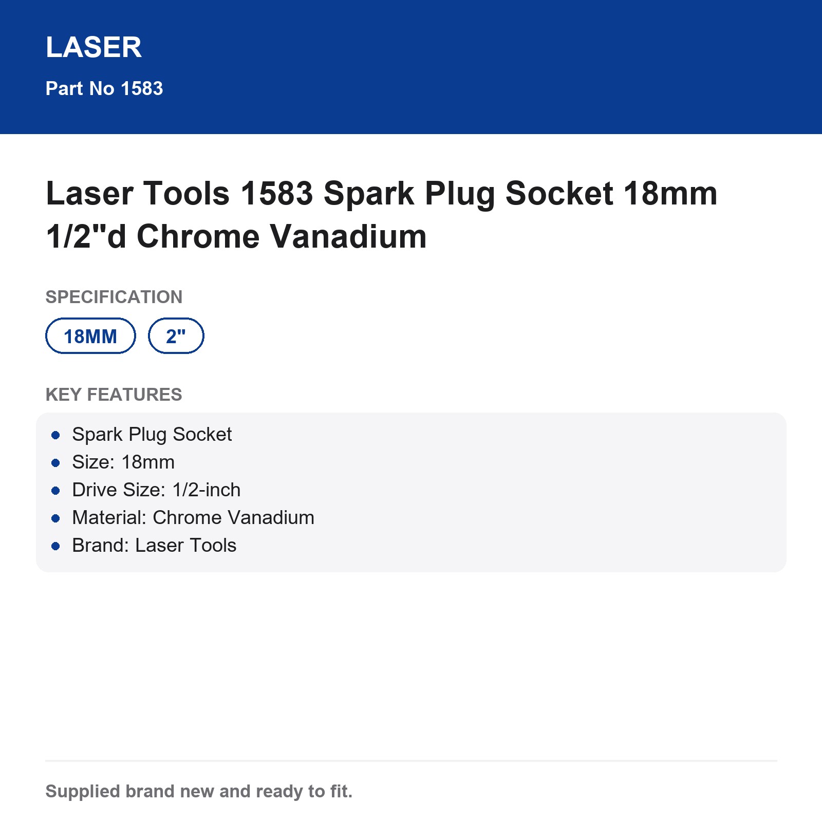 Spark Plug Socket 18mm 1/2"d Laser Tools 1583 Chrome Vanadium - Image 7