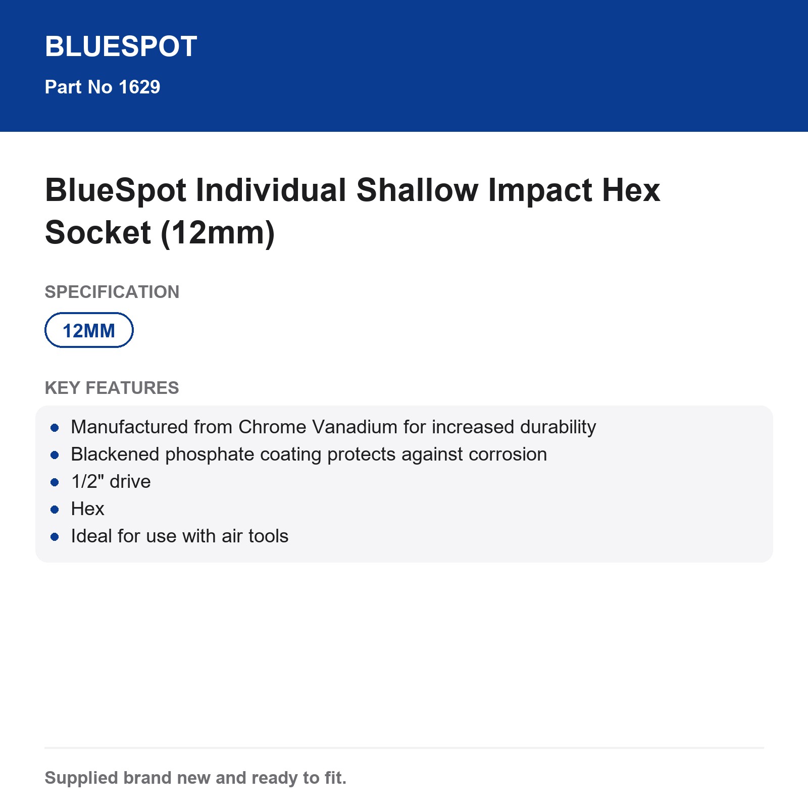 BlueSpot 12mm 1/2" Drive Shallow Impact Hex Socket - Image 4