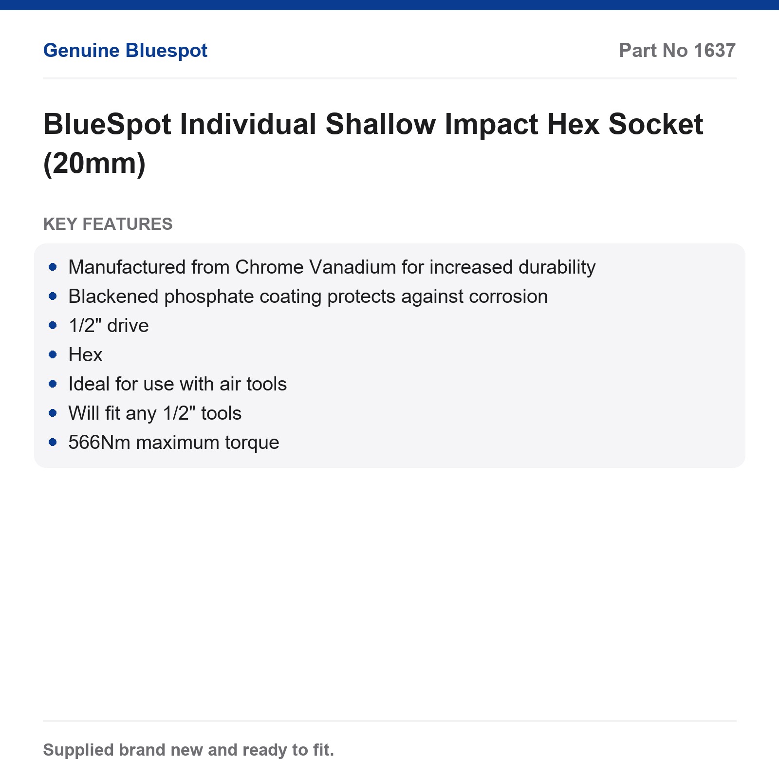 BlueSpot 20mm 1/2" Drive Shallow Impact Hex Socket - Image 3