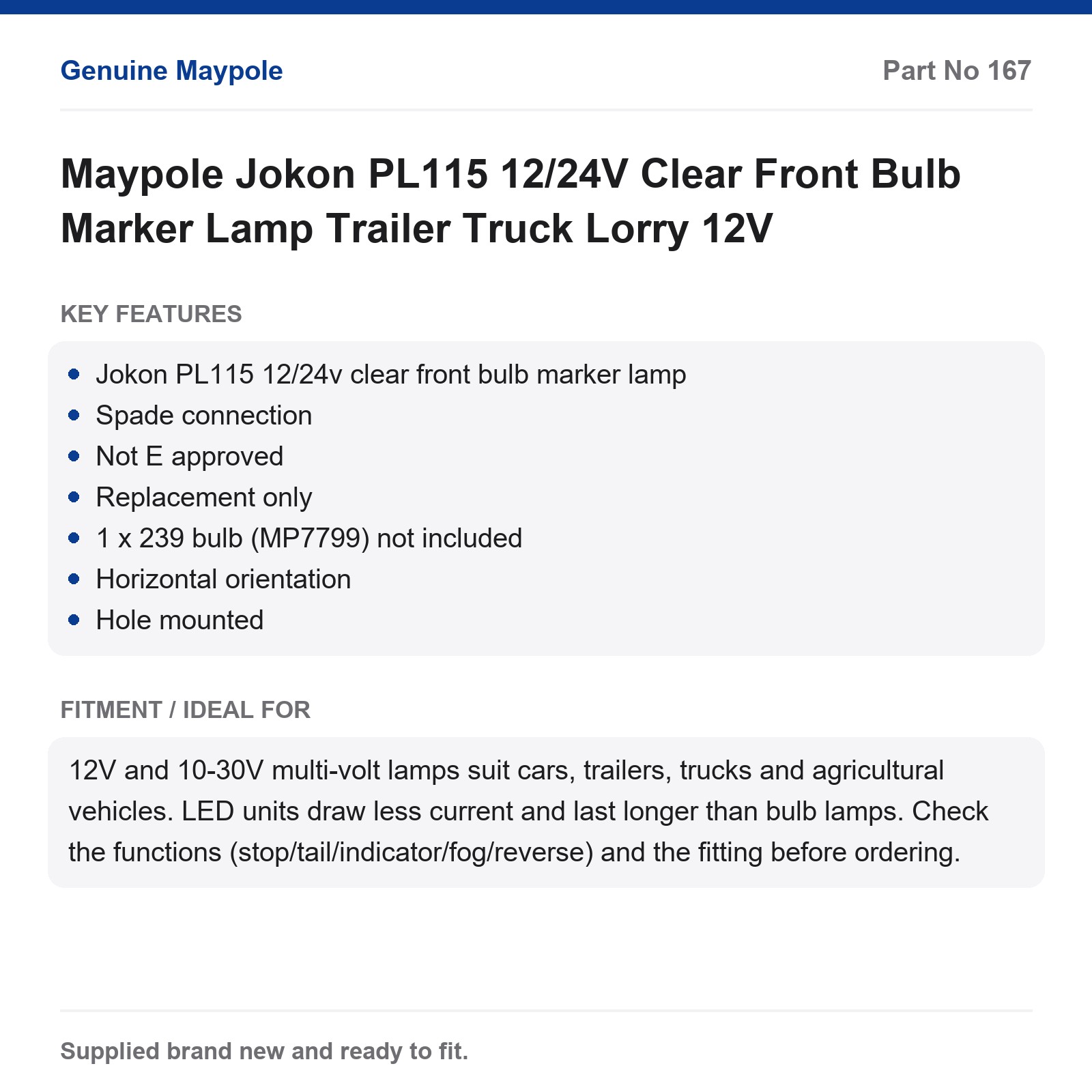 Maypole Jokon PL115 Clear Front Bulb Marker Lamp 12/24V Trailer Truck Lorry - Image 4