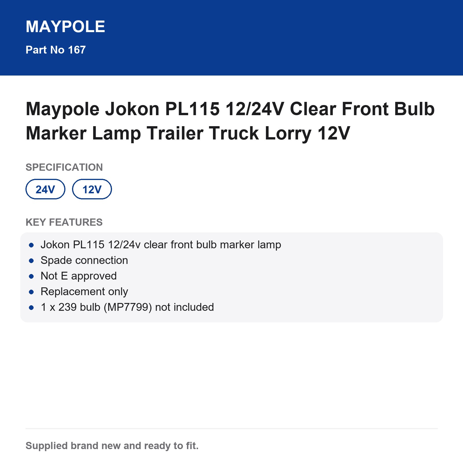 Maypole Jokon PL115 Clear Front Bulb Marker Lamp 12/24V Trailer Truck Lorry - Image 5