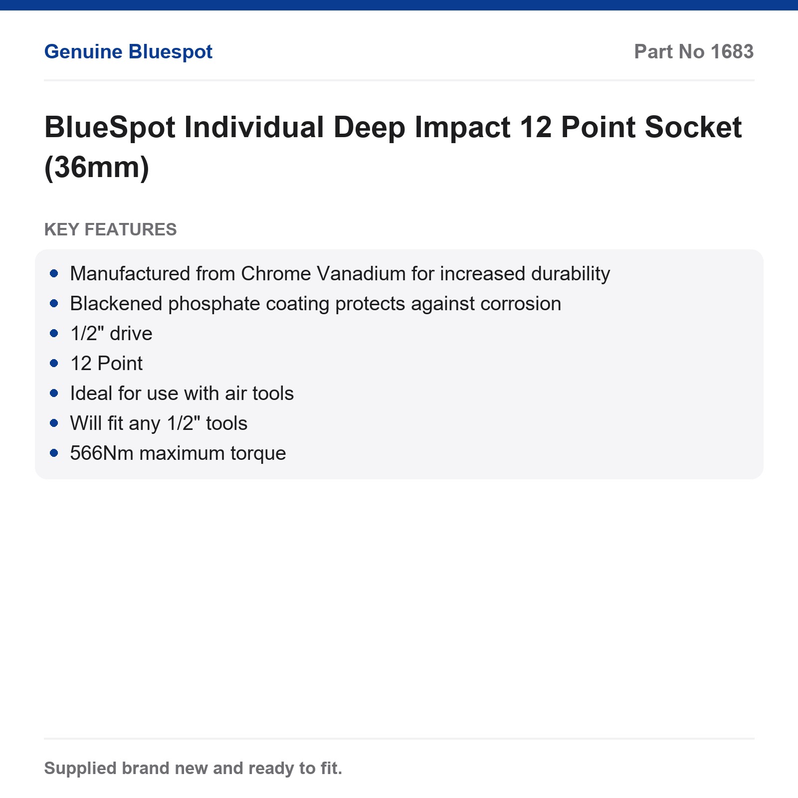 36mm BlueSpot 1/2" Drive Deep Impact Socket 12 Point - Image 3