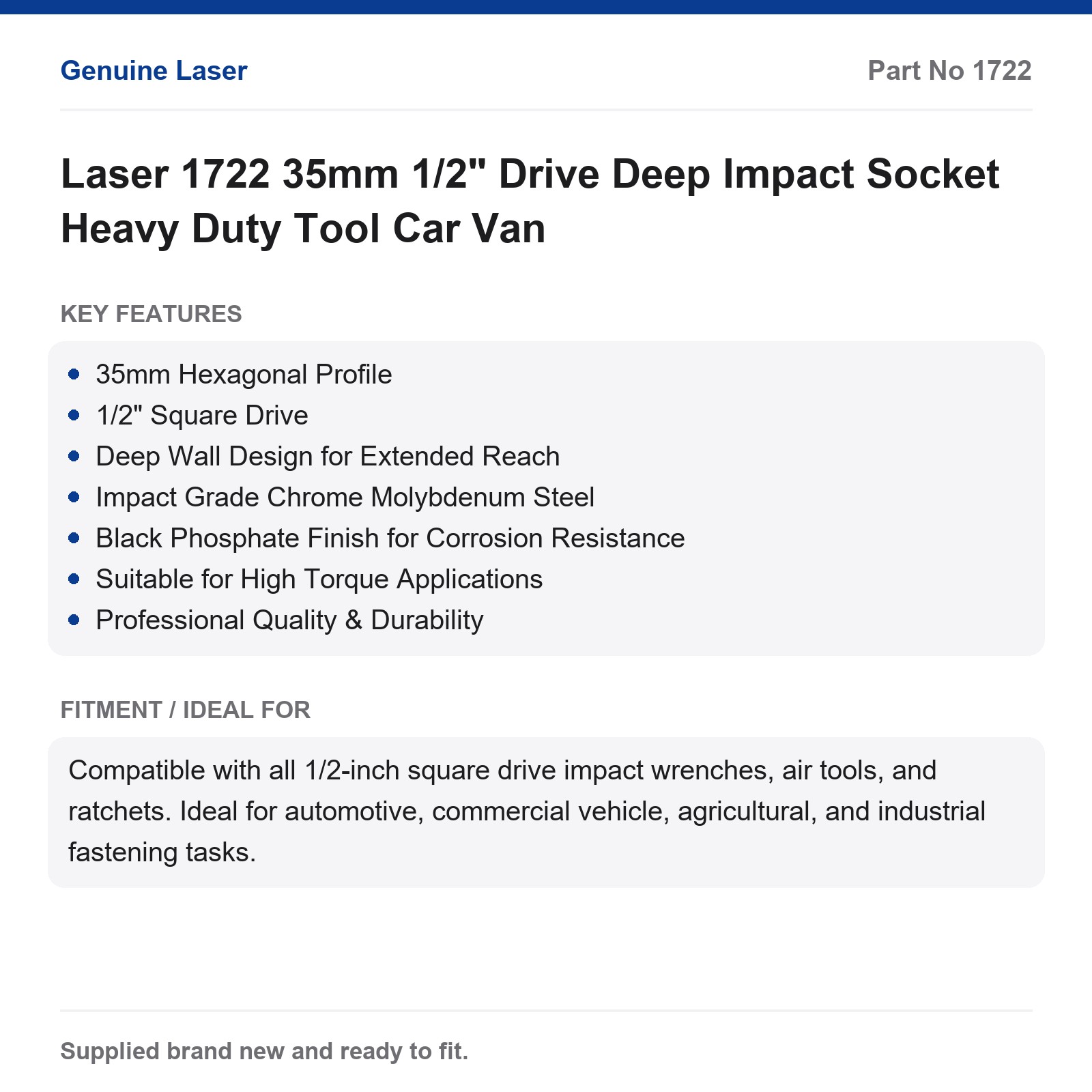 Laser 1722 35mm 1/2" Drive Deep Impact Socket Heavy Duty Car Van - Image 5