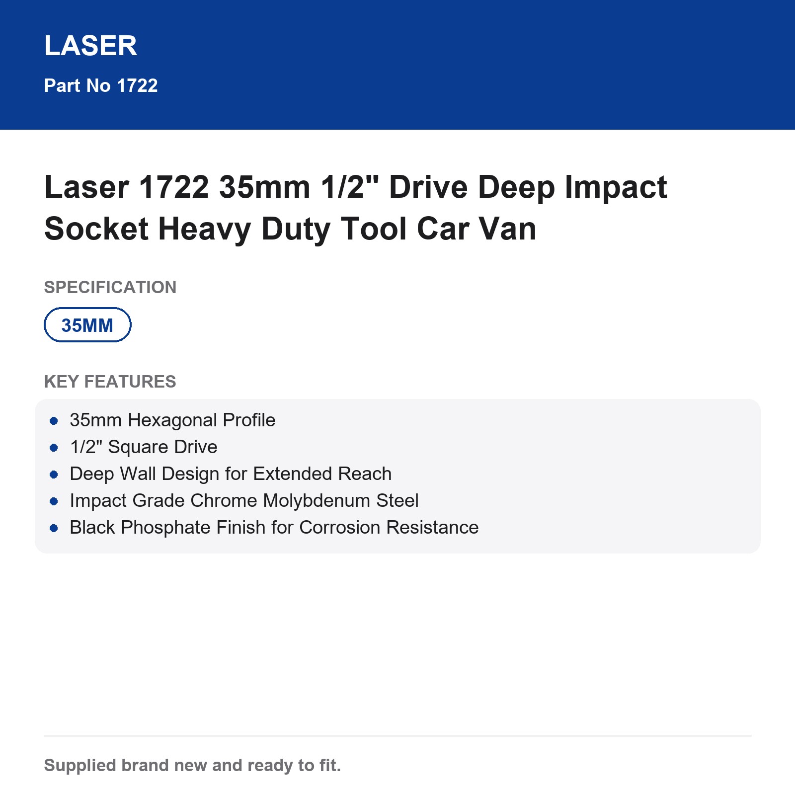 Laser 1722 35mm 1/2" Drive Deep Impact Socket Heavy Duty Car Van - Image 6