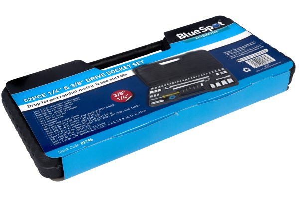 BlueSpot 52pc Socket Set 1/4″ 3/8″ 1/2″ Dr 4-13mm 1/4-13/16″