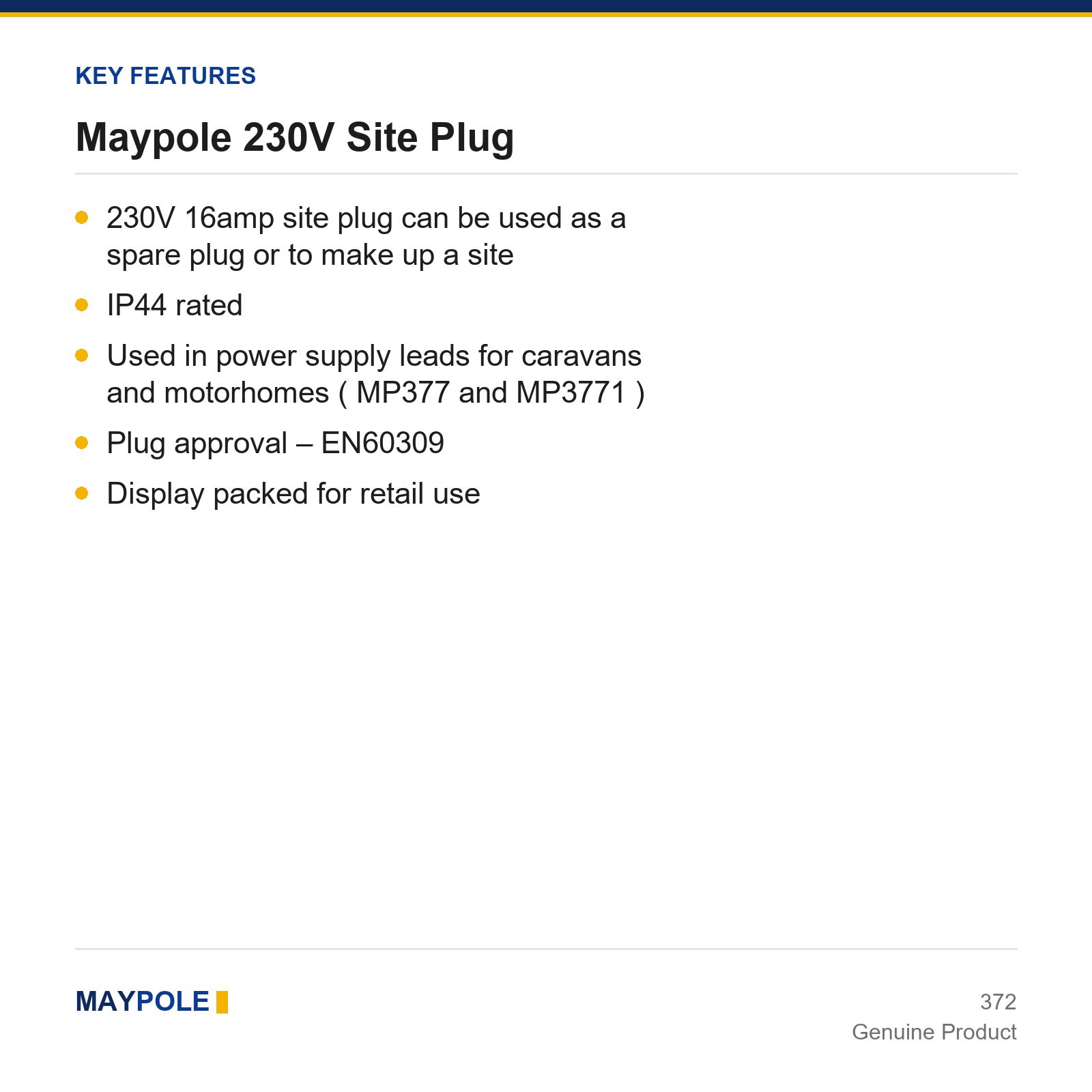Maypole 230V 16A Site Plug Caravan Motorhome Hook Up IP44 - Image 3