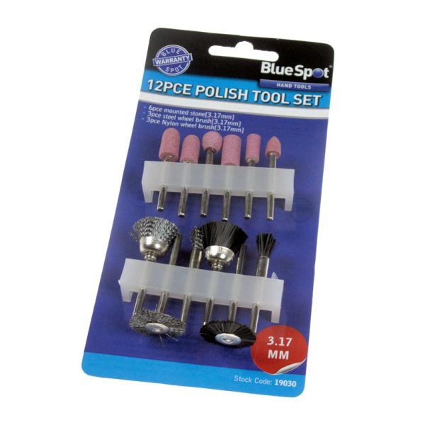 BlueSpot 12pc Polishing Set 3.17mm Shank Stones Steel Nylon Brushes
